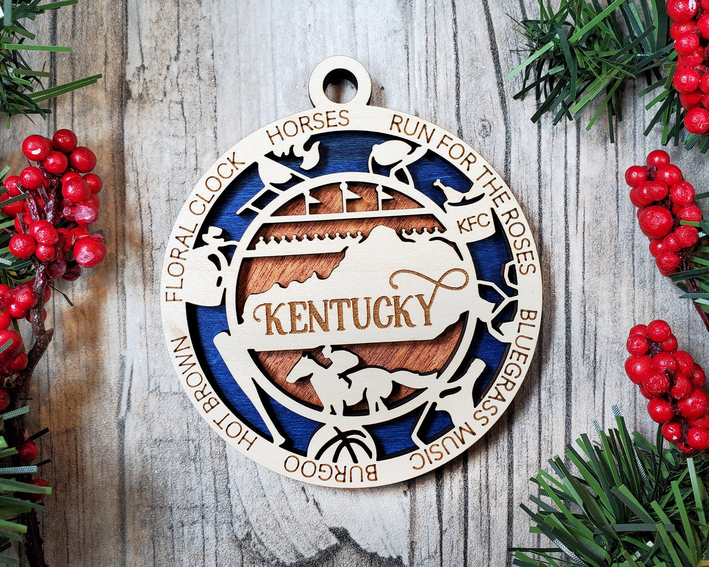 Kentucky Wooden Ornament – Laser Cut State Decor with Horses & Icons