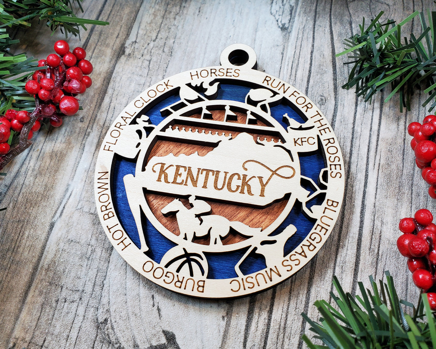 Kentucky Wooden Ornament – Laser Cut State Decor with Horses & Icons