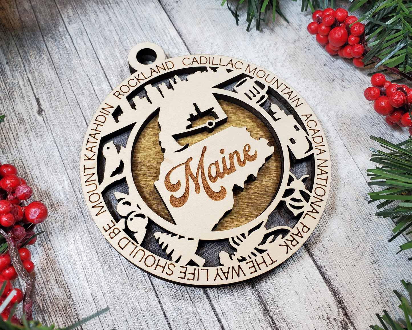 Maine Wooden Ornament – Acadia, Katahdin & Coastal State Decor Gift