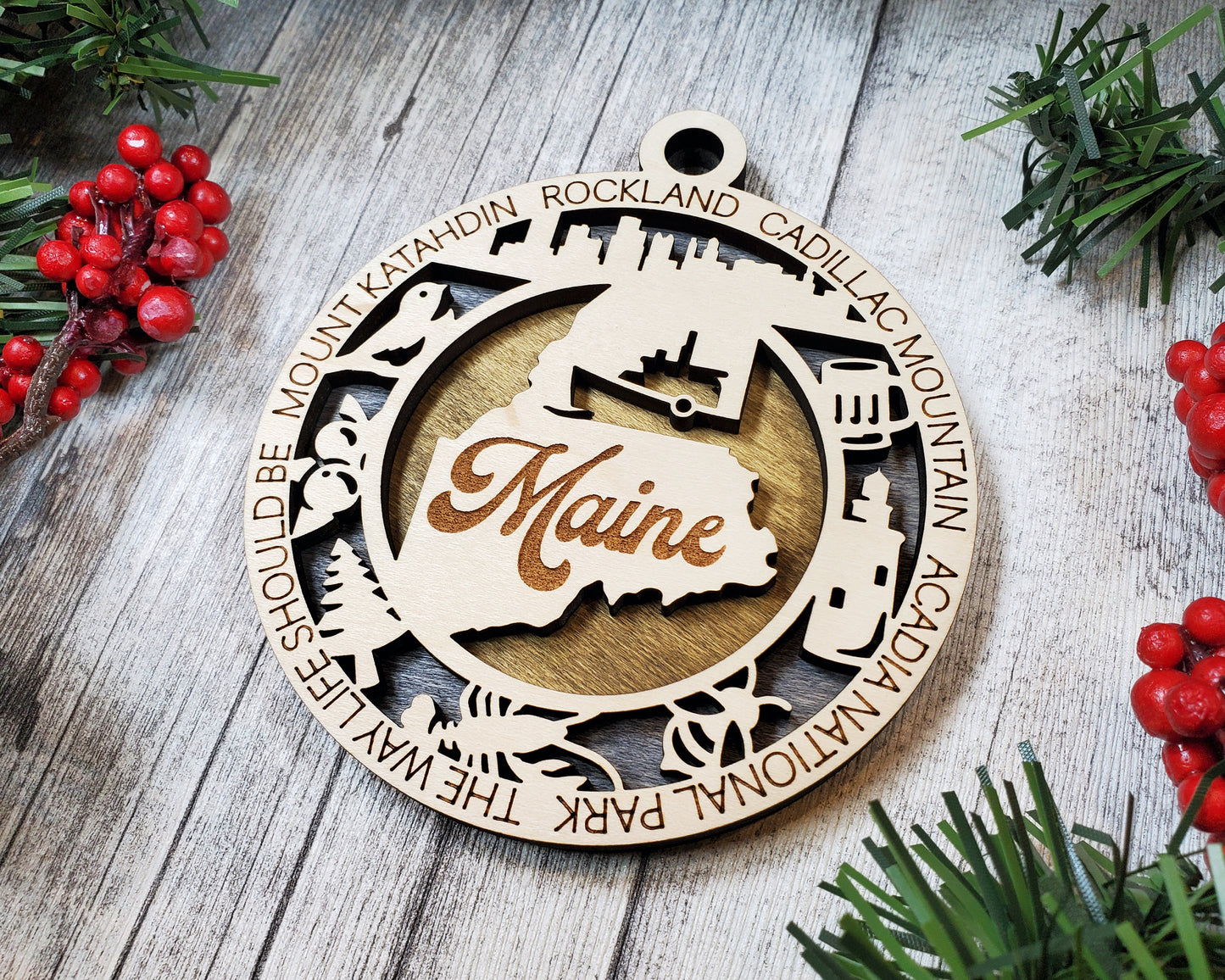 Maine Wooden Ornament – Acadia, Katahdin & Coastal State Decor Gift