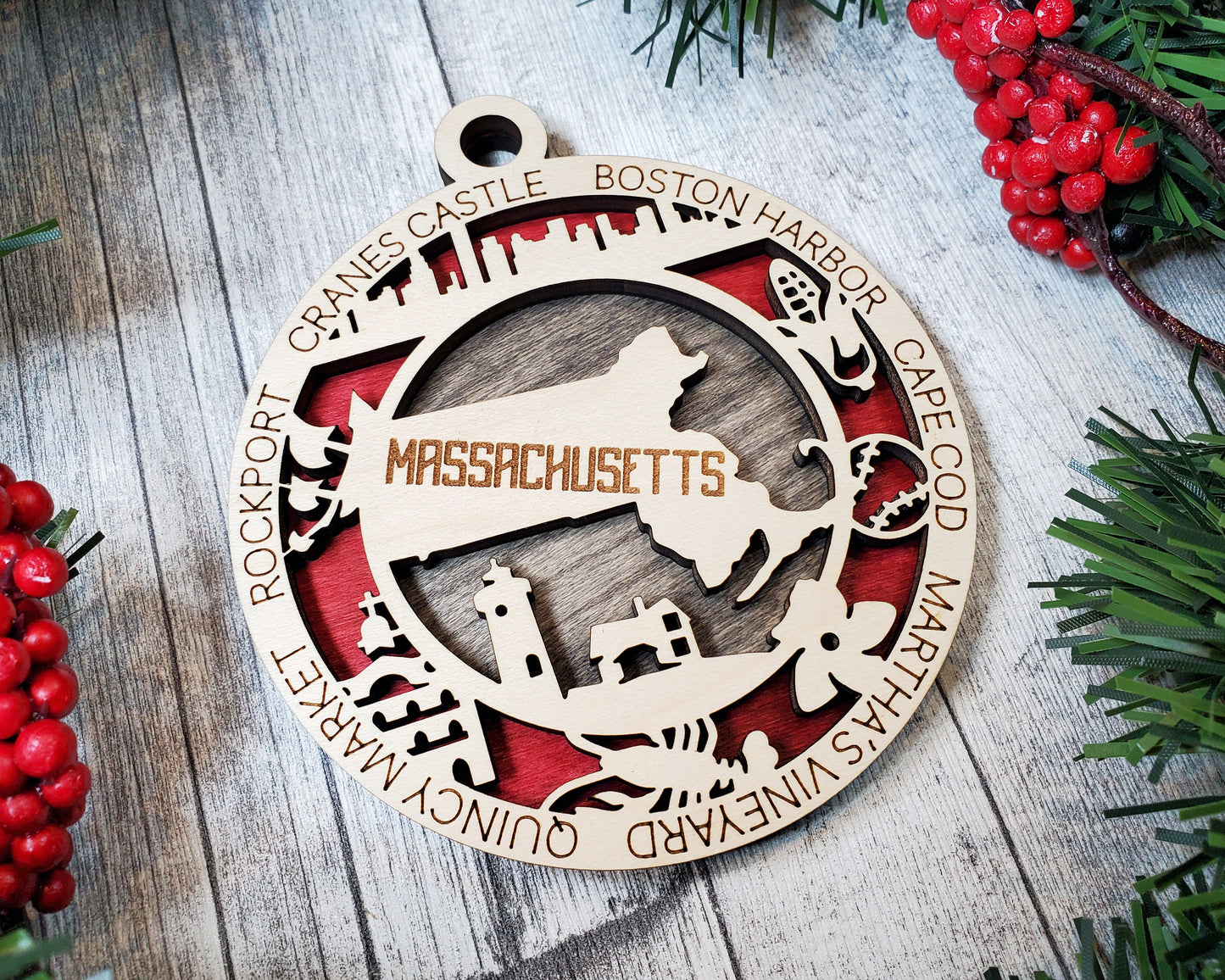 Massachusetts Wooden Ornament – Cape Cod, Boston & Vineyard Decor