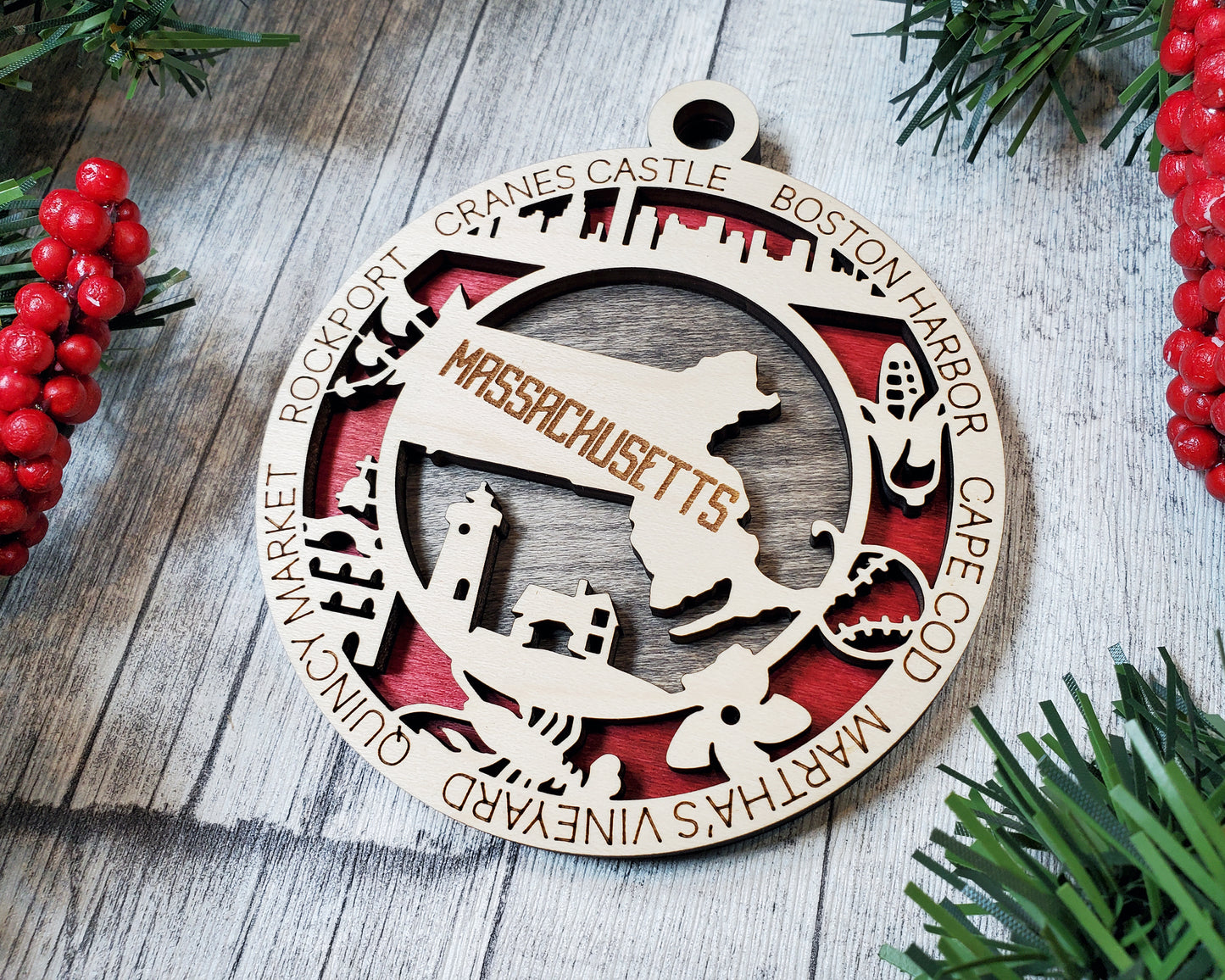 Massachusetts Wooden Ornament – Cape Cod, Boston & Vineyard Decor