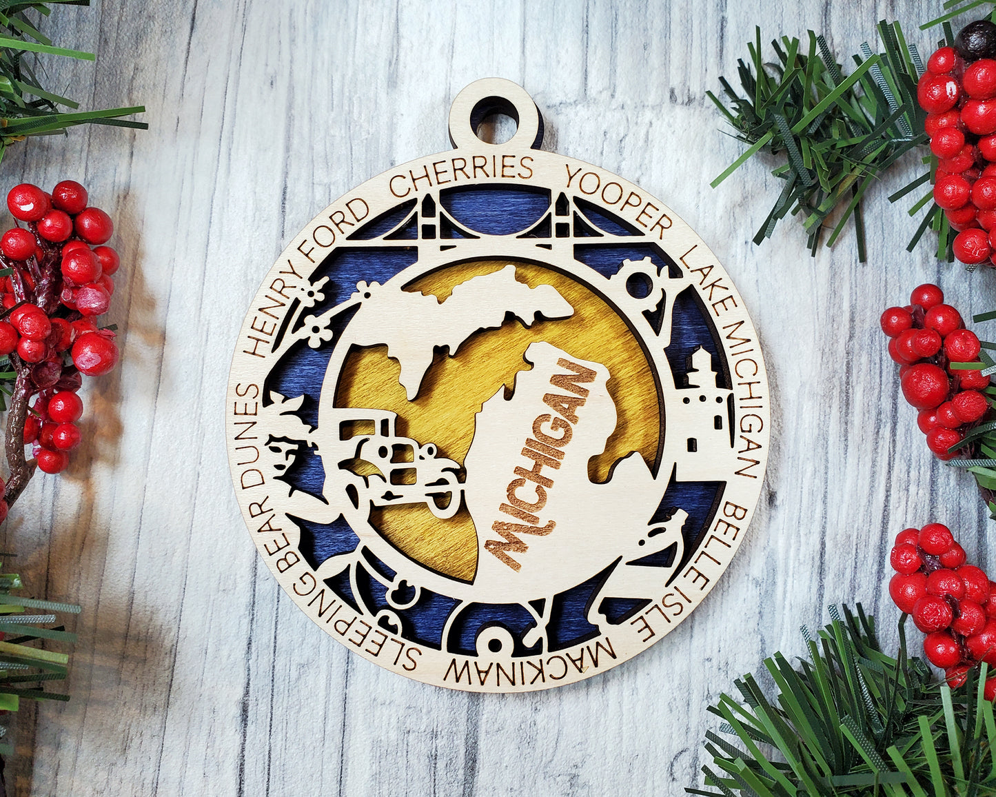 Michigan Wooden Ornament – Great Lakes State Decor with Mackinac & More