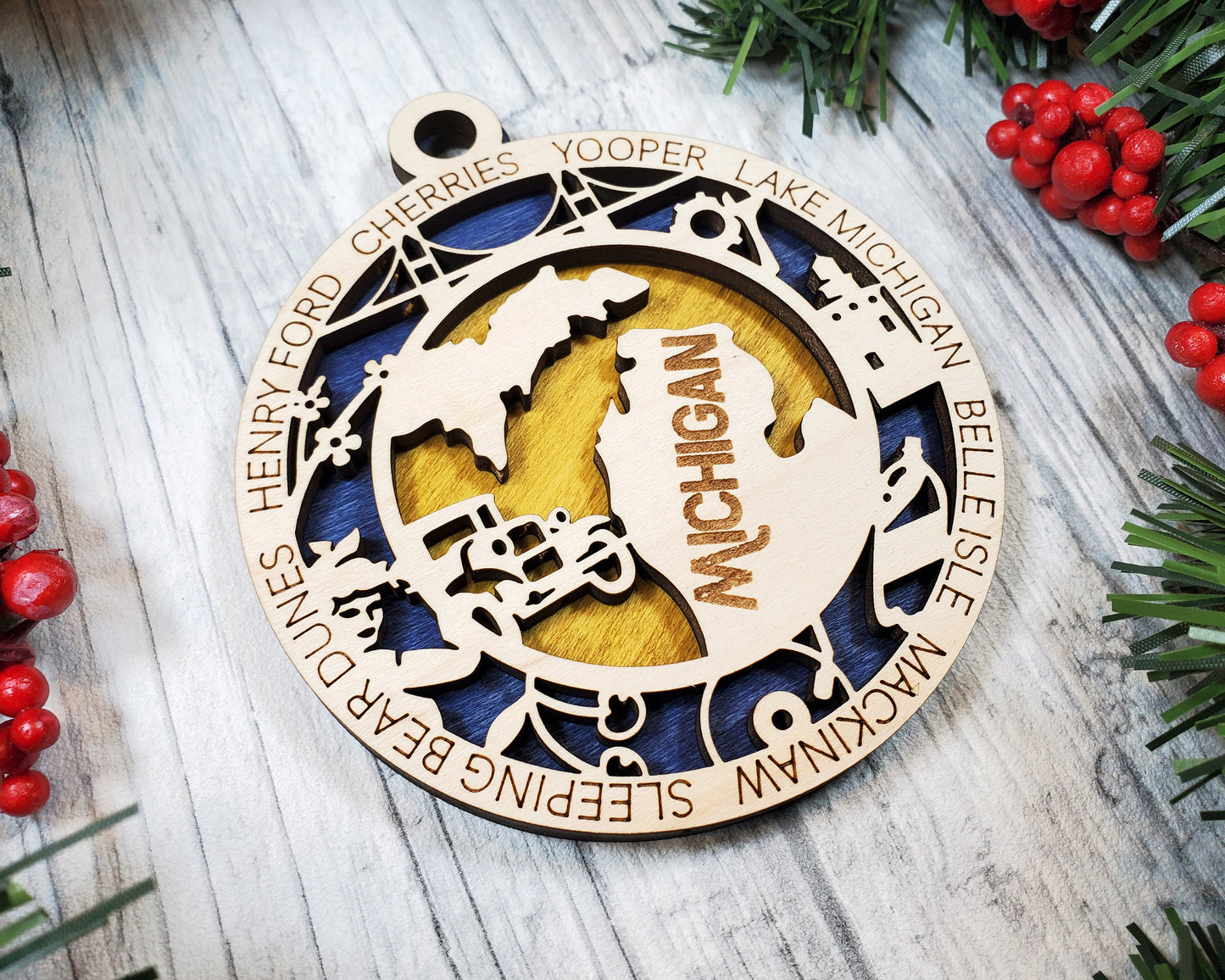 Michigan Wooden Ornament – Great Lakes State Decor with Mackinac & More