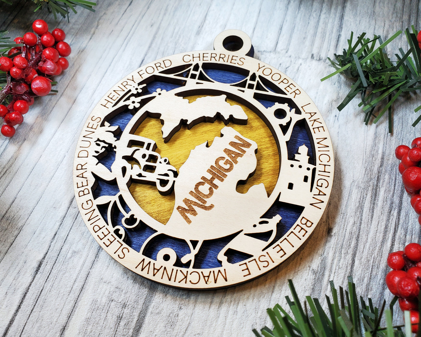 Michigan Wooden Ornament – Great Lakes State Decor with Mackinac & More