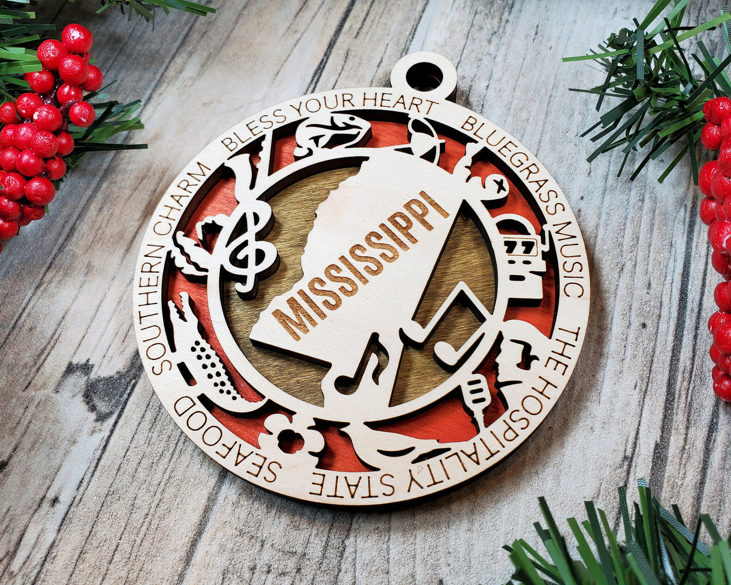 Mississippi Wooden Ornament – Southern Charm & Blues State Decor