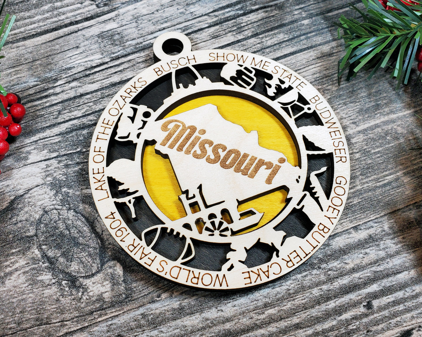 Missouri Wooden Ornament – Show Me State Gift with Gateway Arch & More