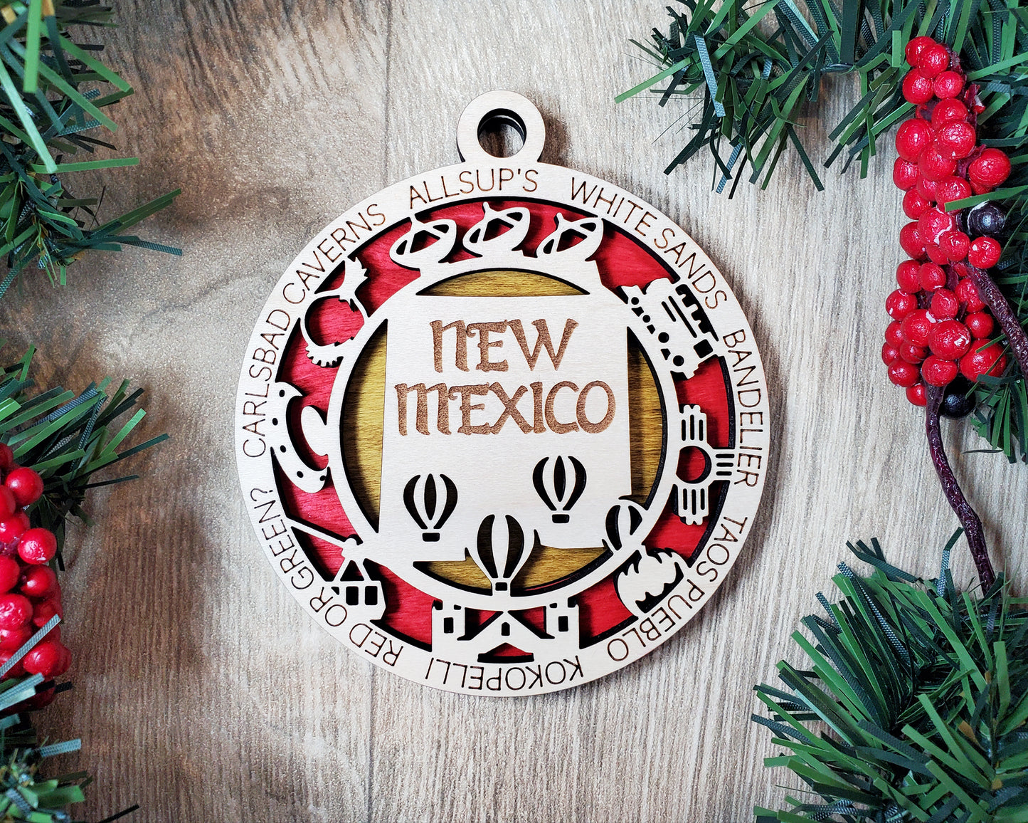 New Mexico Wooden Ornament – Southwest Decor with Balloons & Red Chile