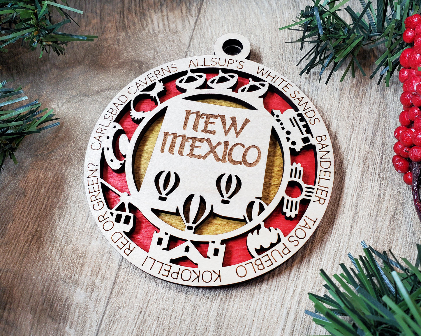 New Mexico Wooden Ornament – Southwest Decor with Balloons & Red Chile