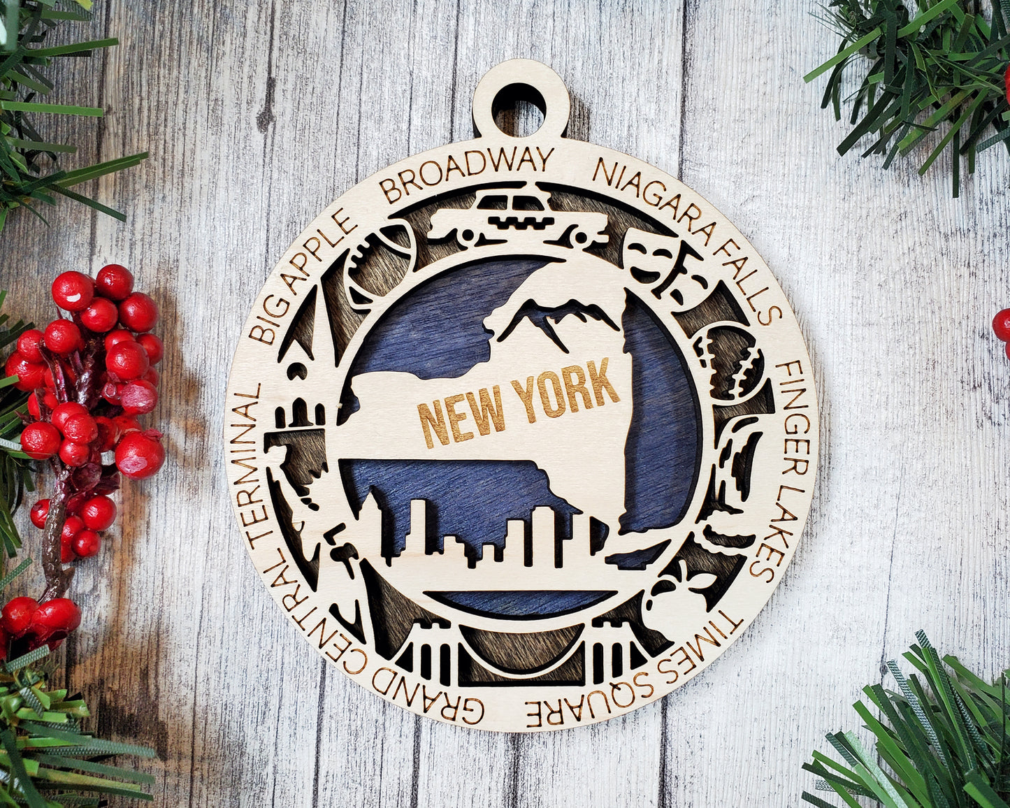 New York Wooden Ornament – NYC, Niagara Falls & Broadway State Decor