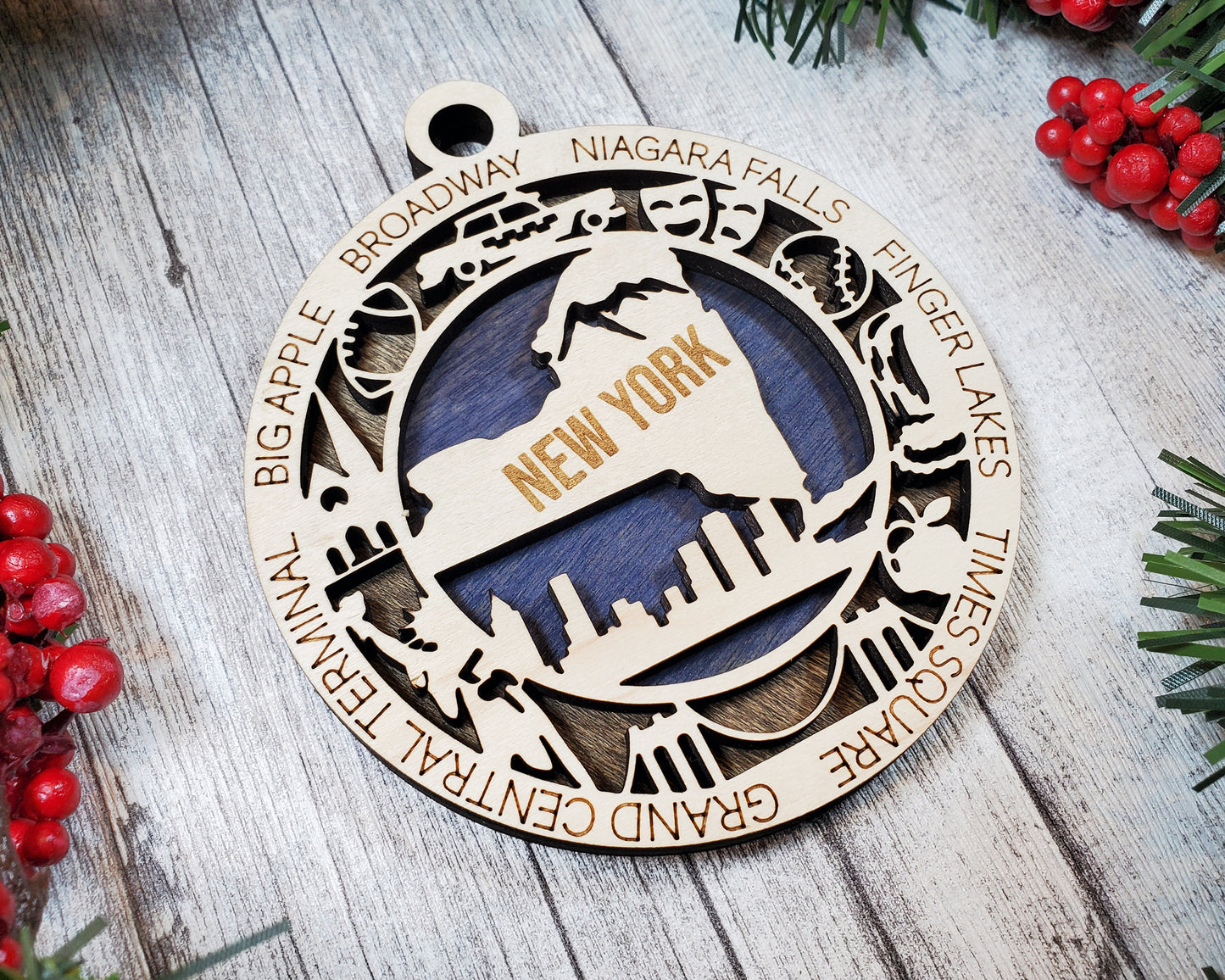 New York Wooden Ornament – NYC, Niagara Falls & Broadway State Decor