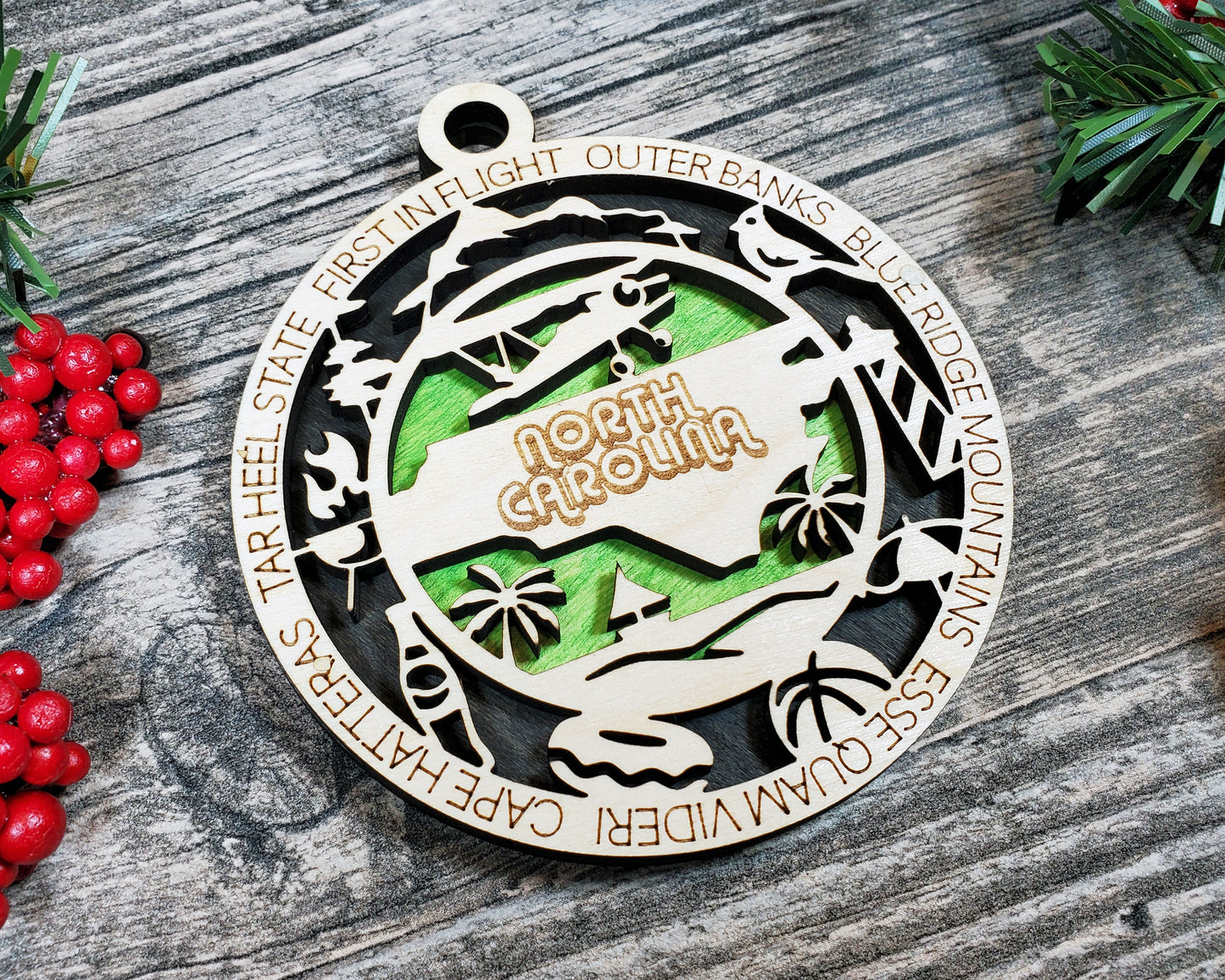 North Carolina Wooden Ornament – Outer Banks & Blue Ridge State Decor