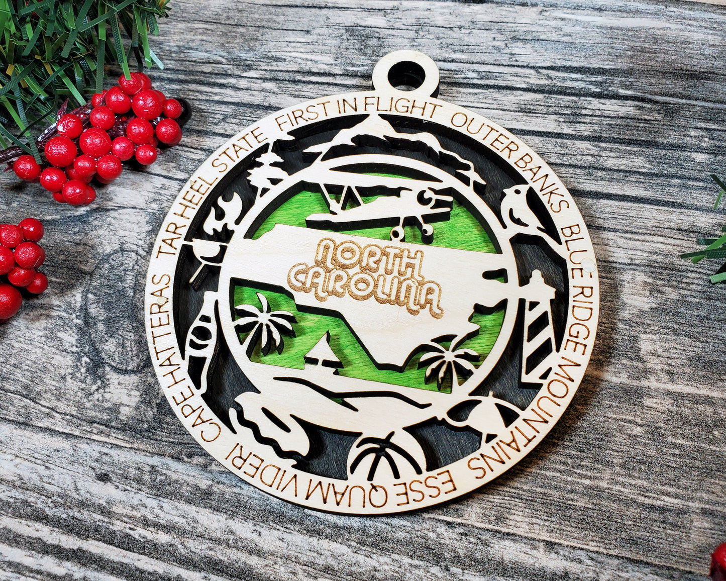 North Carolina Wooden Ornament – Outer Banks & Blue Ridge State Decor
