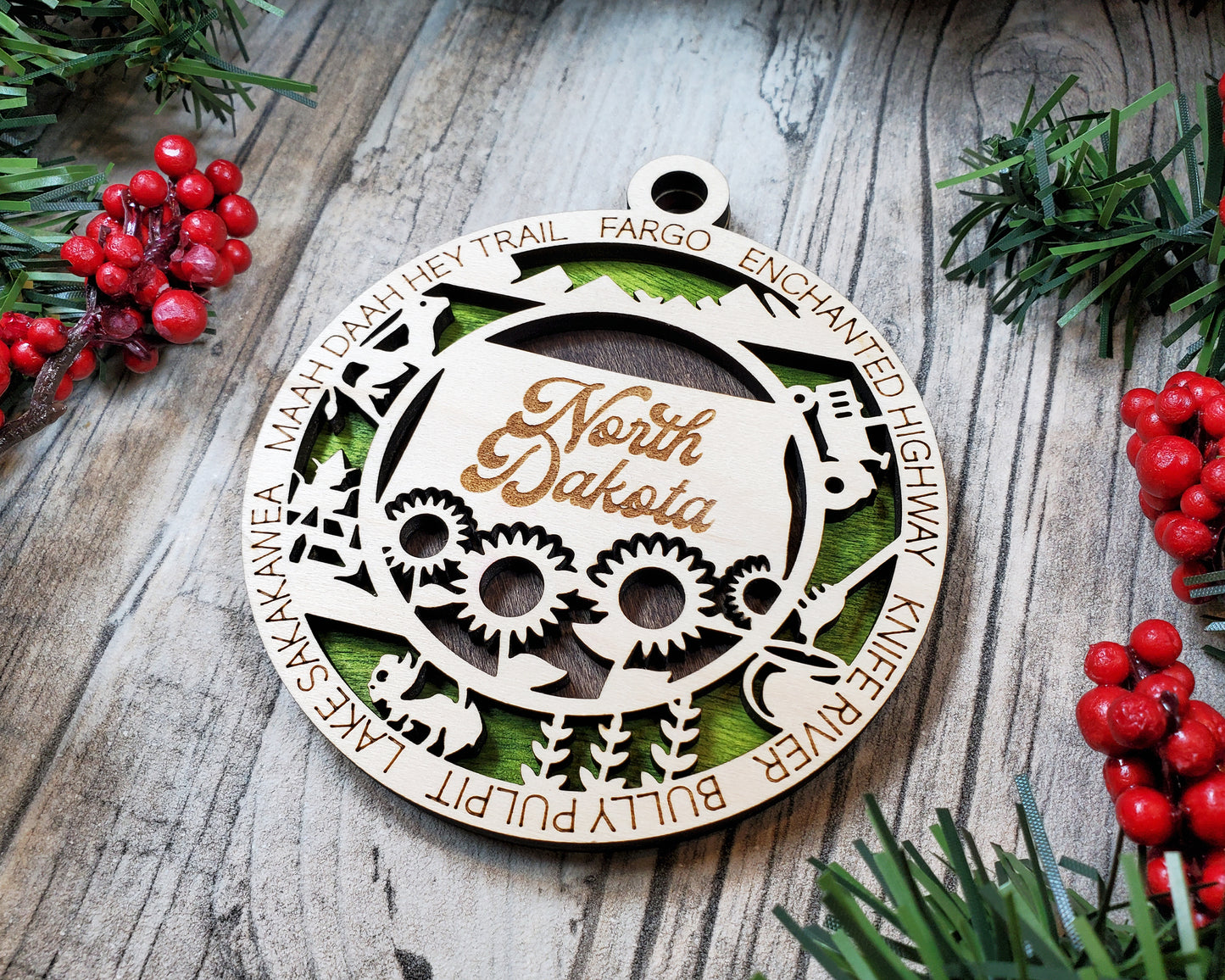 North Dakota Wooden Ornament – Prairie State Decor with Bison & Sunflowers