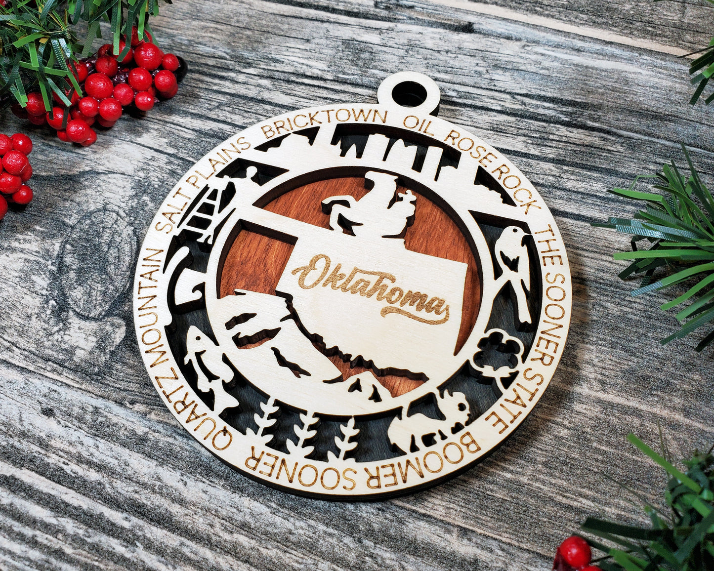 Oklahoma Wooden Ornament – Sooner State Decor with Cowboy & Oil Icons