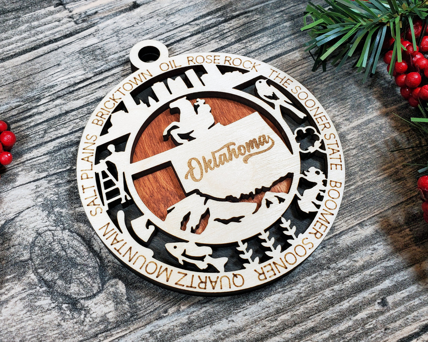 Oklahoma Wooden Ornament – Sooner State Decor with Cowboy & Oil Icons