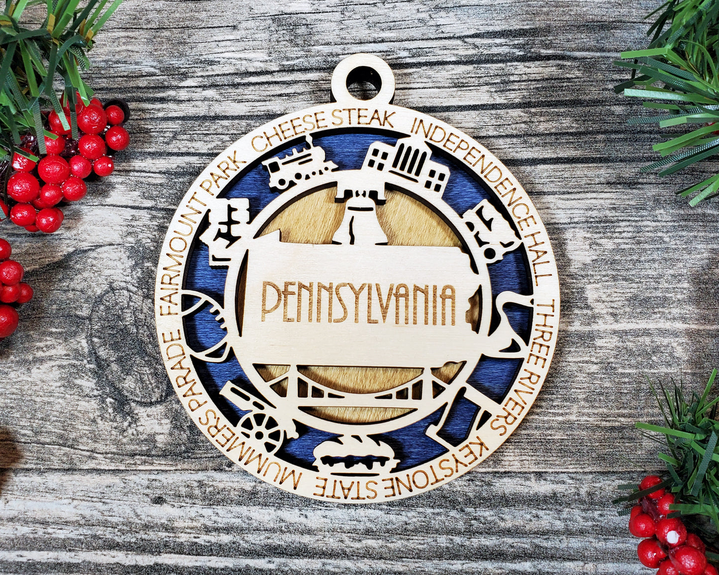 Pennsylvania Wooden Ornament – Keystone State Gift with Philly & History Icons