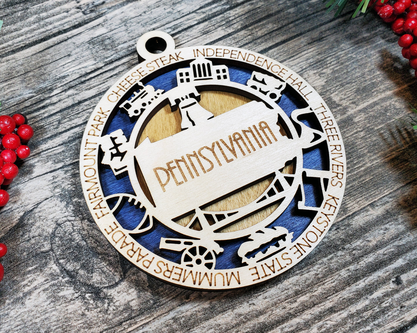 Pennsylvania Wooden Ornament – Keystone State Gift with Philly & History Icons