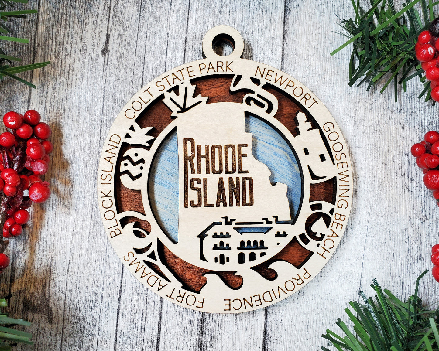 Rhode Island Wooden Ornament – Newport, Providence & Coastal State Decor