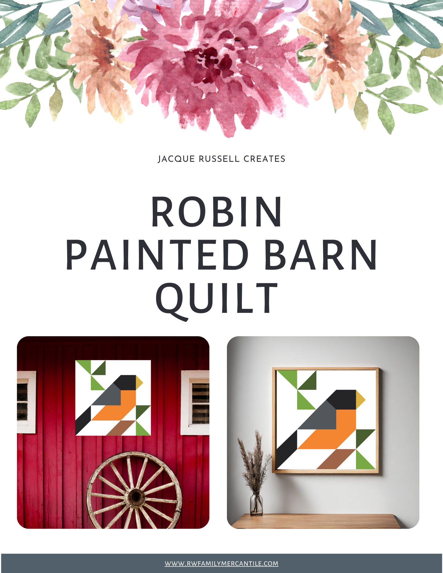 Traditional American Robin Quilt Block Pattern - Digital Download PDF in 12x12, 24x24, and 48x48 Sizes for DIY Barn Quilt Decor