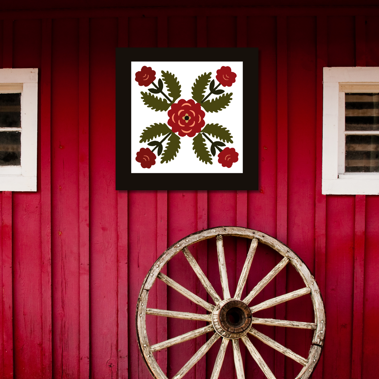 Rose Wreath Barn Quilt Pattern – Digital Download | Floral Folk Art Block in 3 Sizes with Instructions, Grid PNG & Color Chart