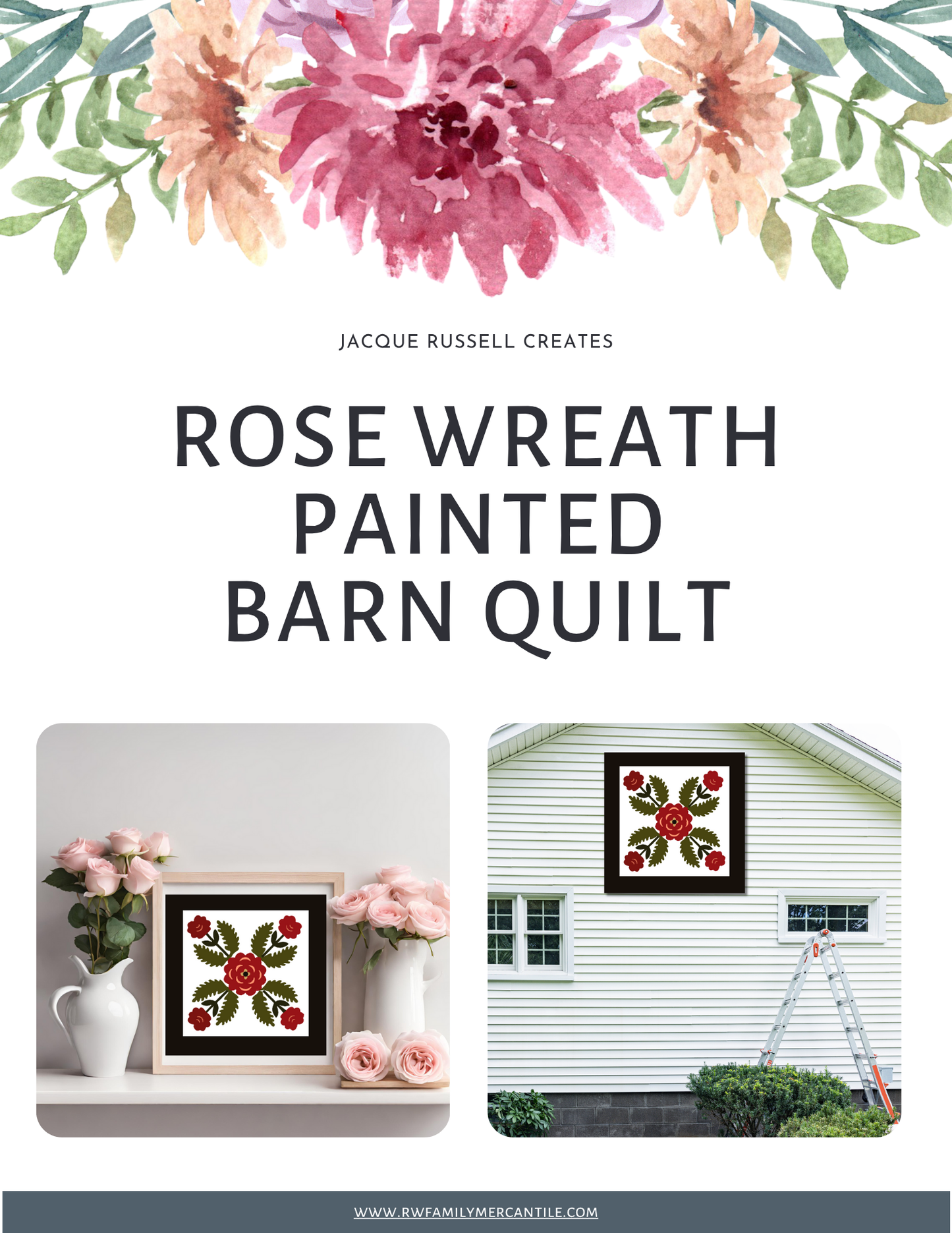 Rose Wreath Barn Quilt Pattern – Digital Download | Floral Folk Art Block in 3 Sizes with Instructions, Grid PNG & Color Chart
