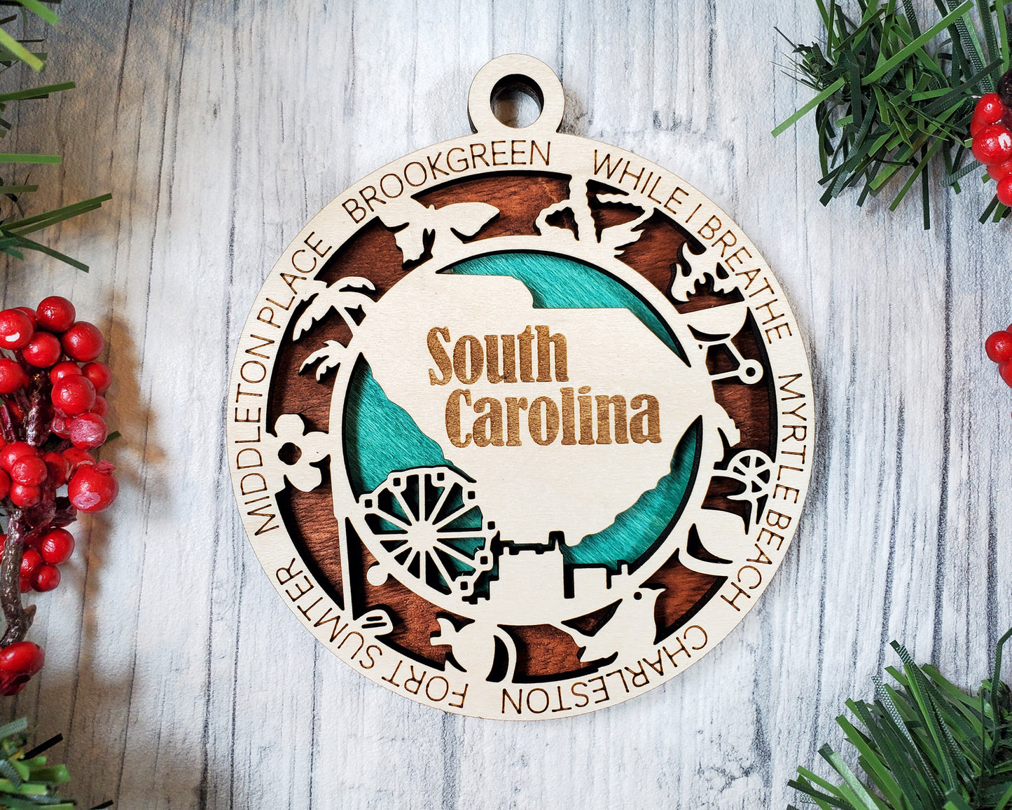 South Carolina Wooden Ornament – Myrtle Beach & Charleston Gift Idea
