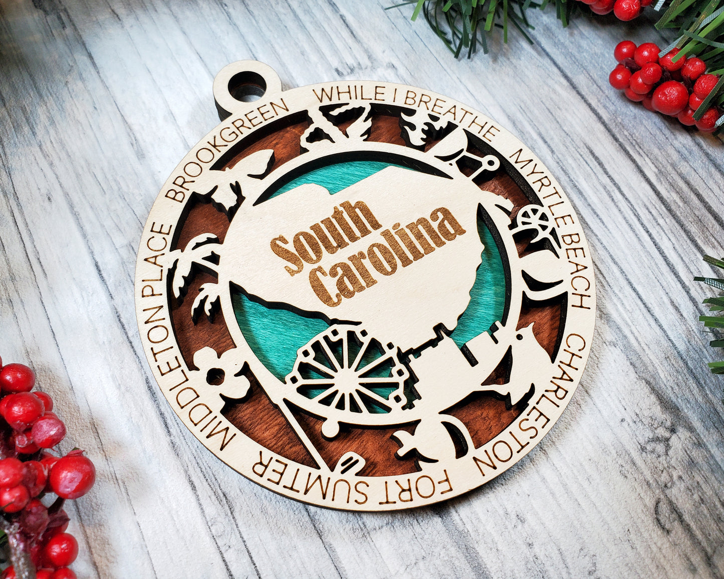 South Carolina Wooden Ornament – Myrtle Beach & Charleston Gift Idea