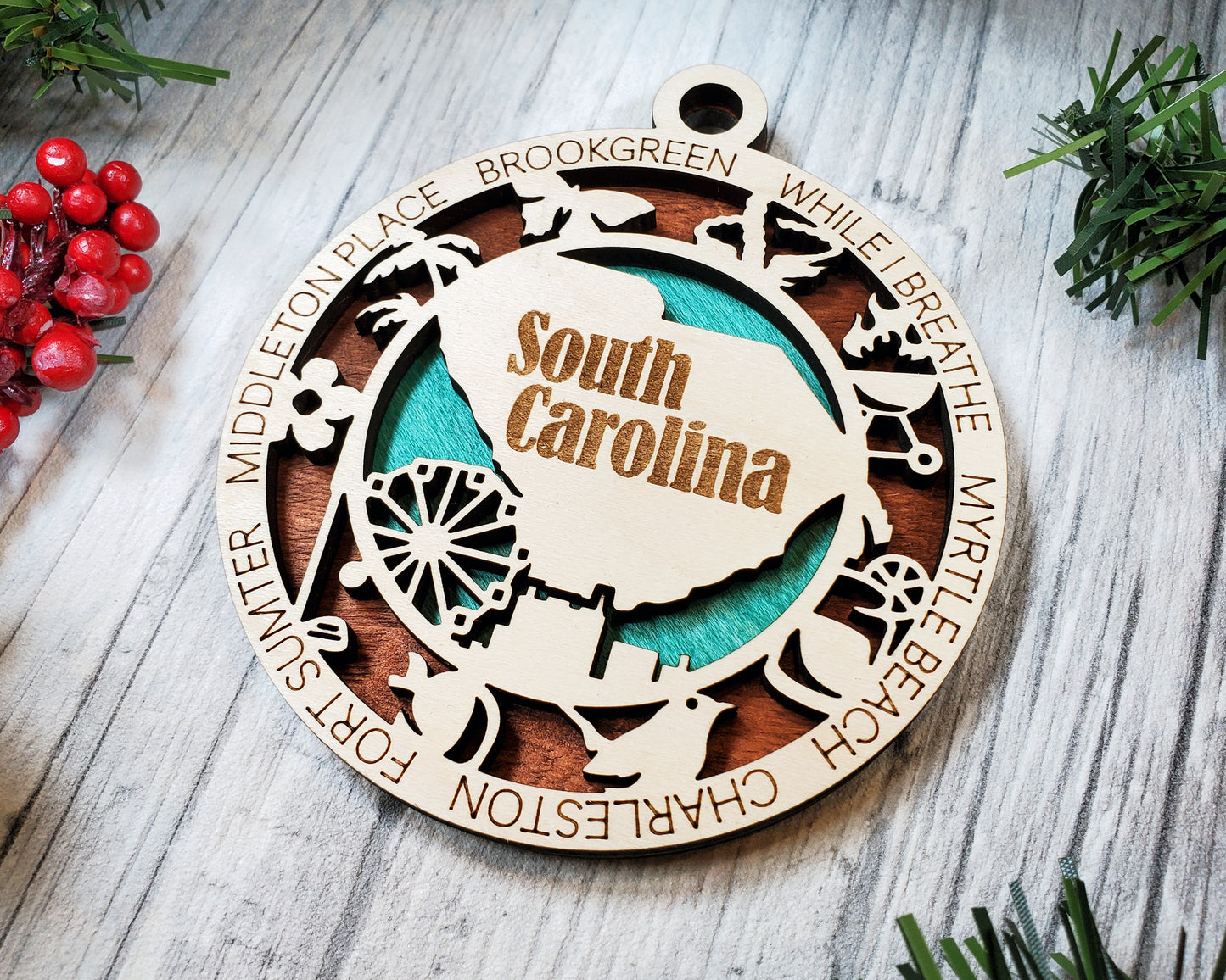 South Carolina Wooden Ornament – Myrtle Beach & Charleston Gift Idea