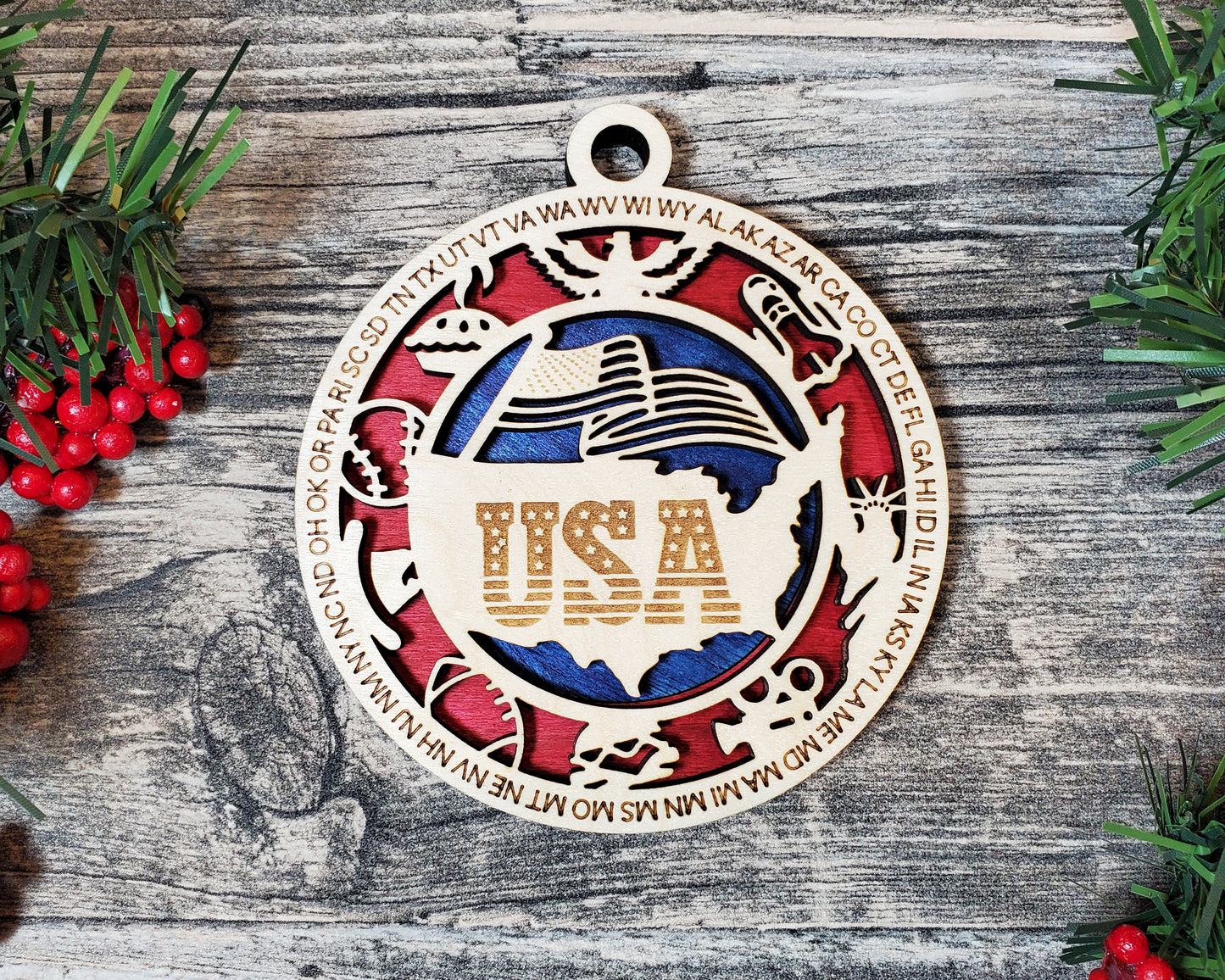 USA State Initials Ornament – Patriotic Red White Blue Wood Christmas Decor