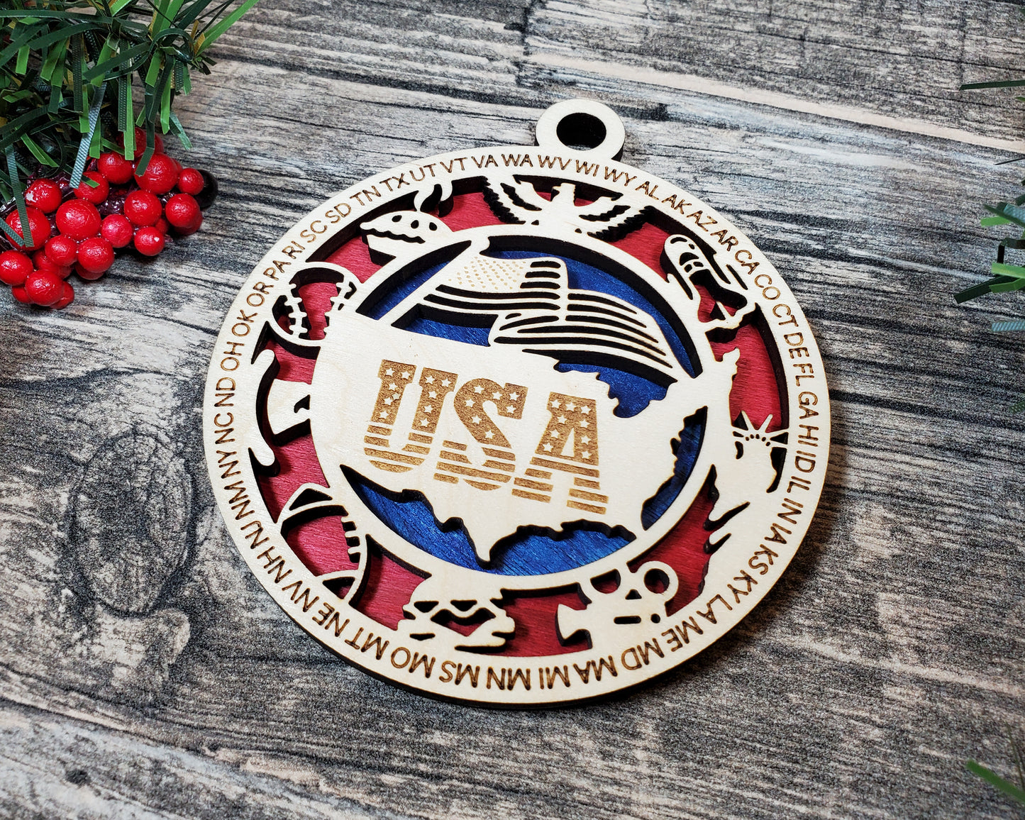 USA State Initials Ornament – Patriotic Red White Blue Wood Christmas Decor