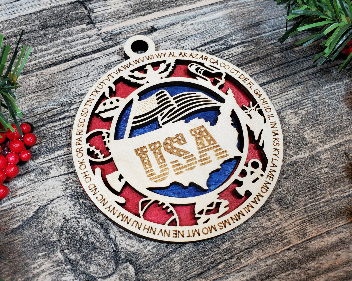 USA State Initials Ornament – Patriotic Red White Blue Wood Christmas Decor