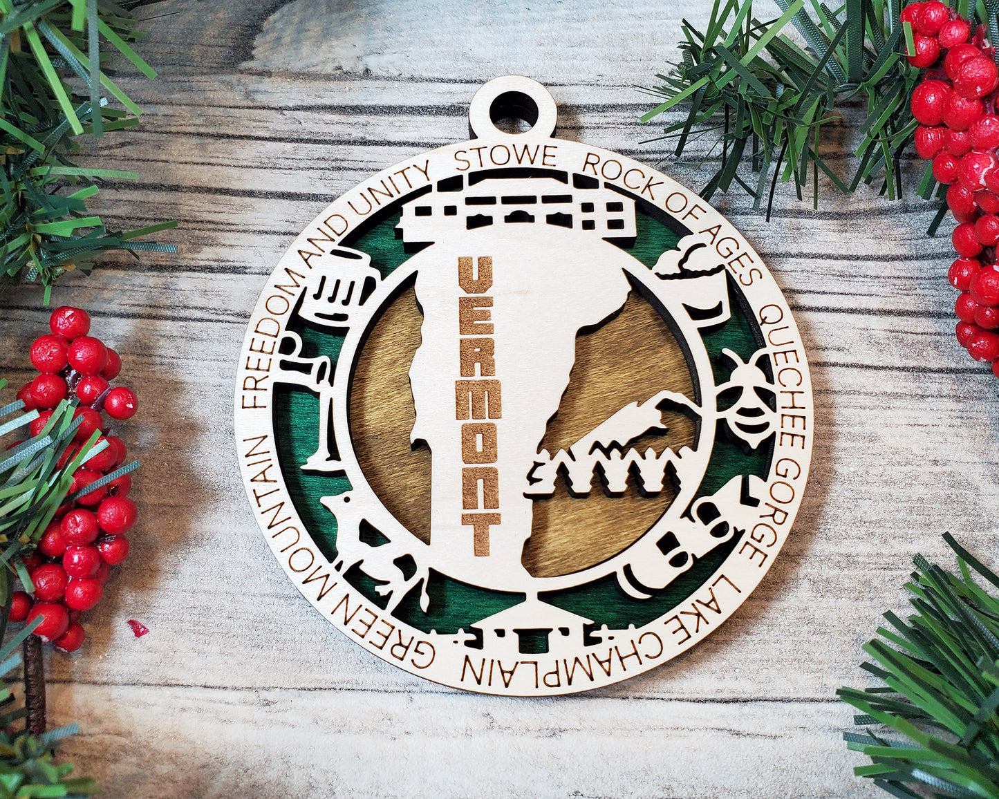 Vermont State Ornament – Laser Cut Wood Holiday Decor with Vermont Icons