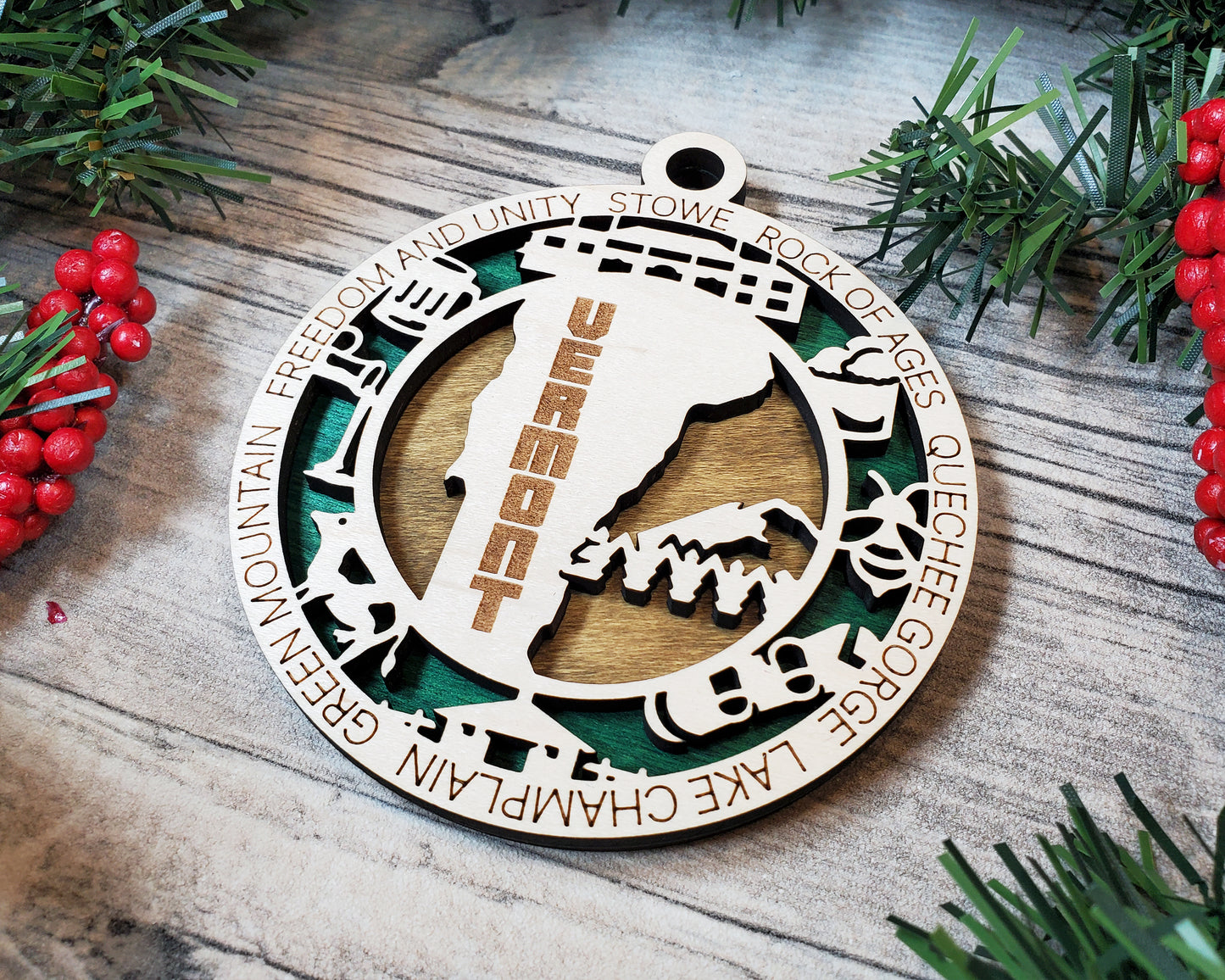 Vermont State Ornament – Laser Cut Wood Holiday Decor with Vermont Icons