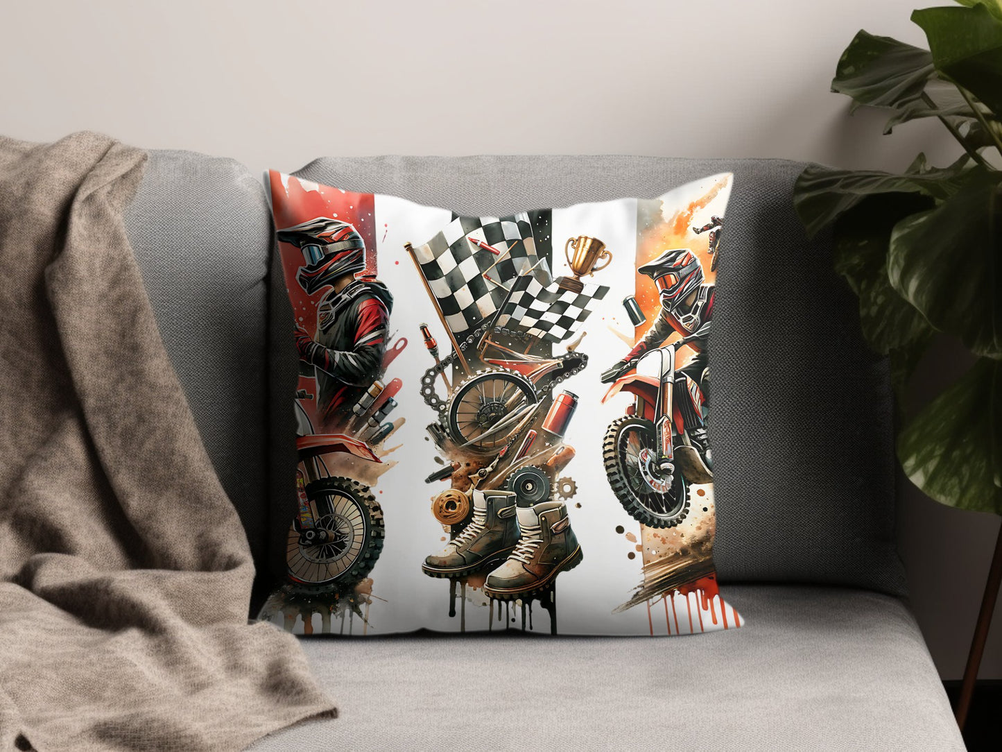 Motocross Themed Throw Pillow, Dirt Bike Racing Cushion, Motorbike Art, Checkered Flag Decor, Vivid Color Home Accessory