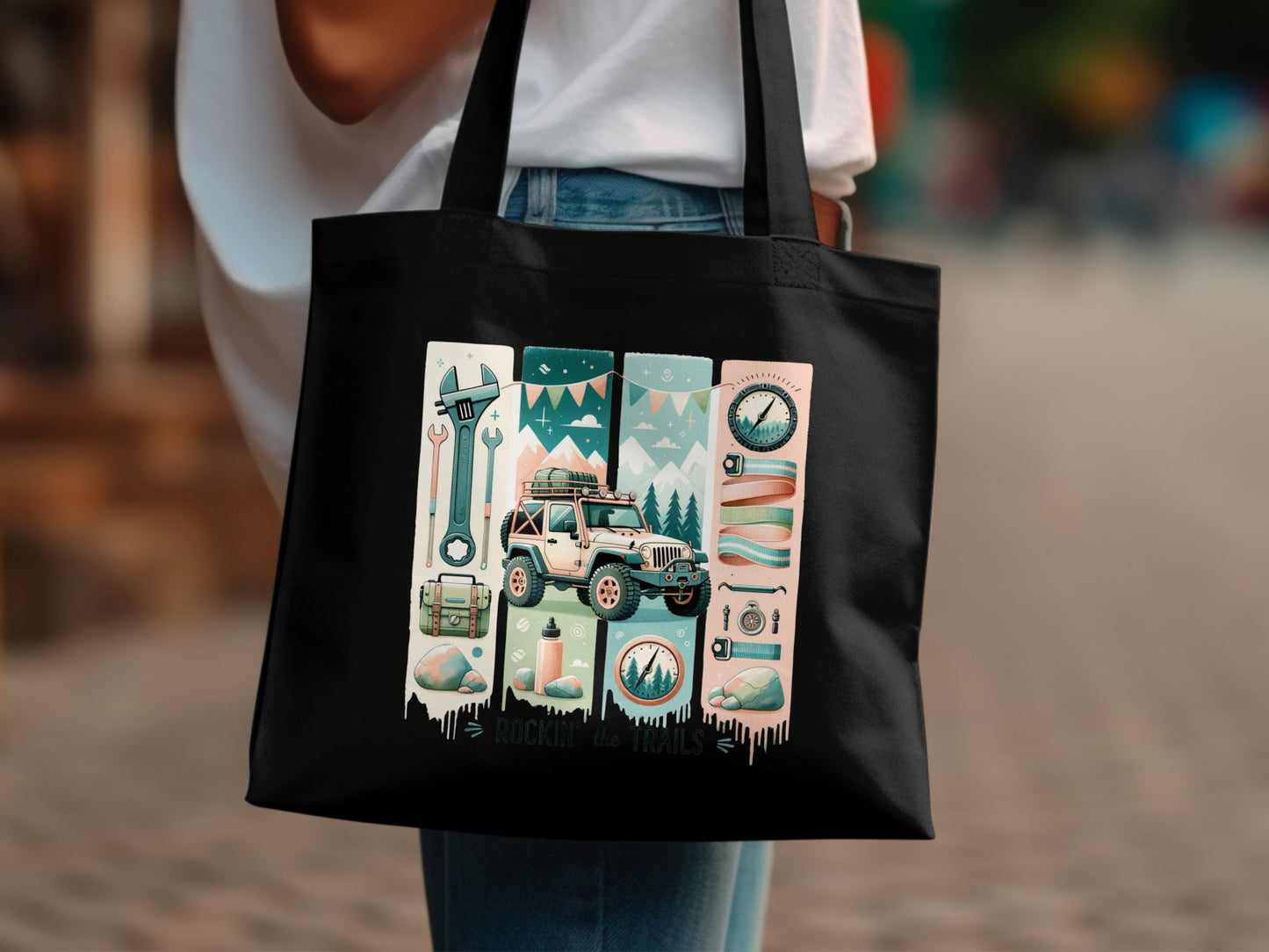 Adventure Outdoor Tote Bag, Canvas Camping Print, Jeep and Camping Gear, Eco Friendly Shopping Bag, Large Shoulder Bag
