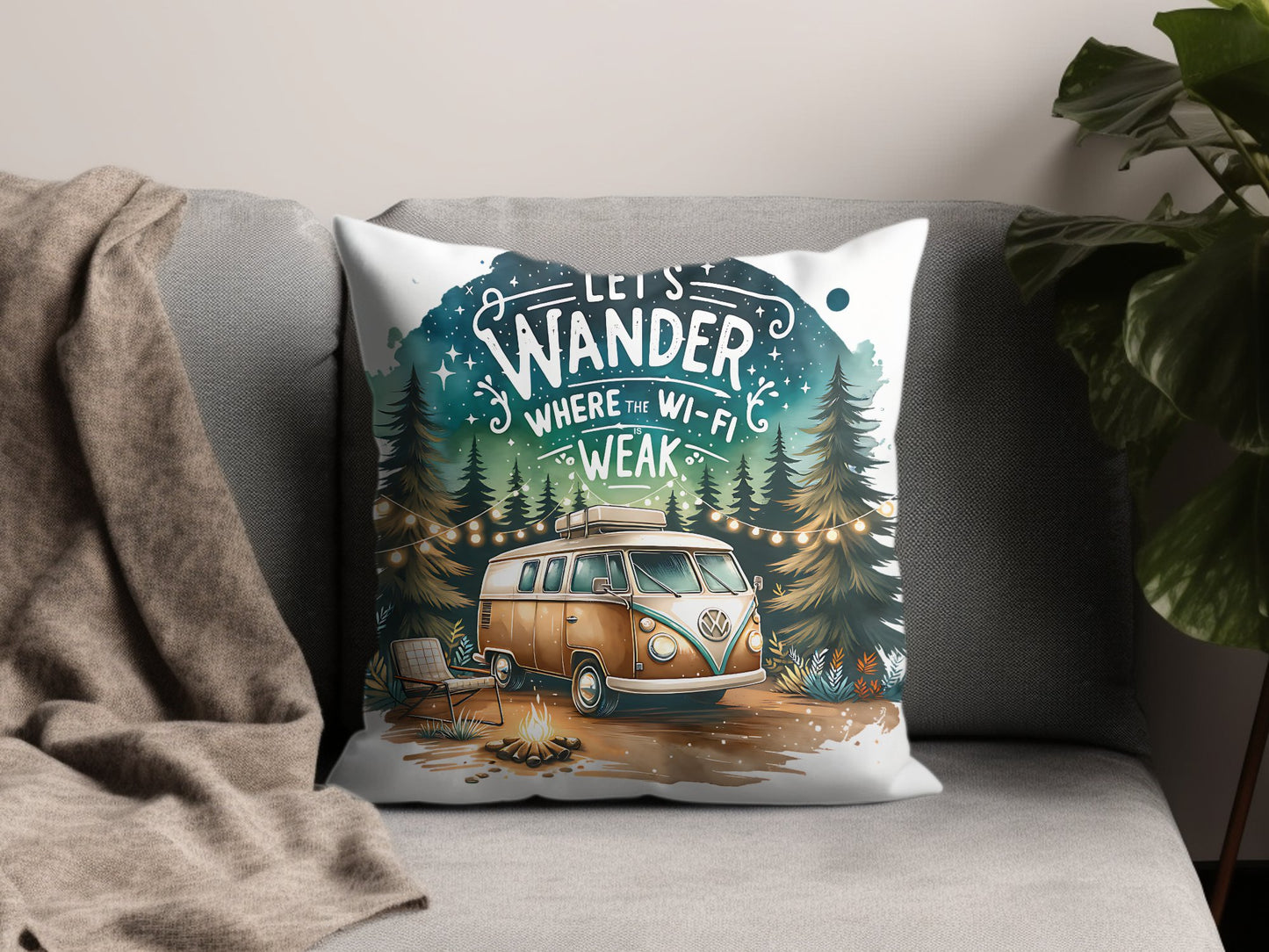 Decorative Throw Pillow, Let's Wander Quote, Vintage Van, Camping Design, Forest Adventure, Cozy Home Decor