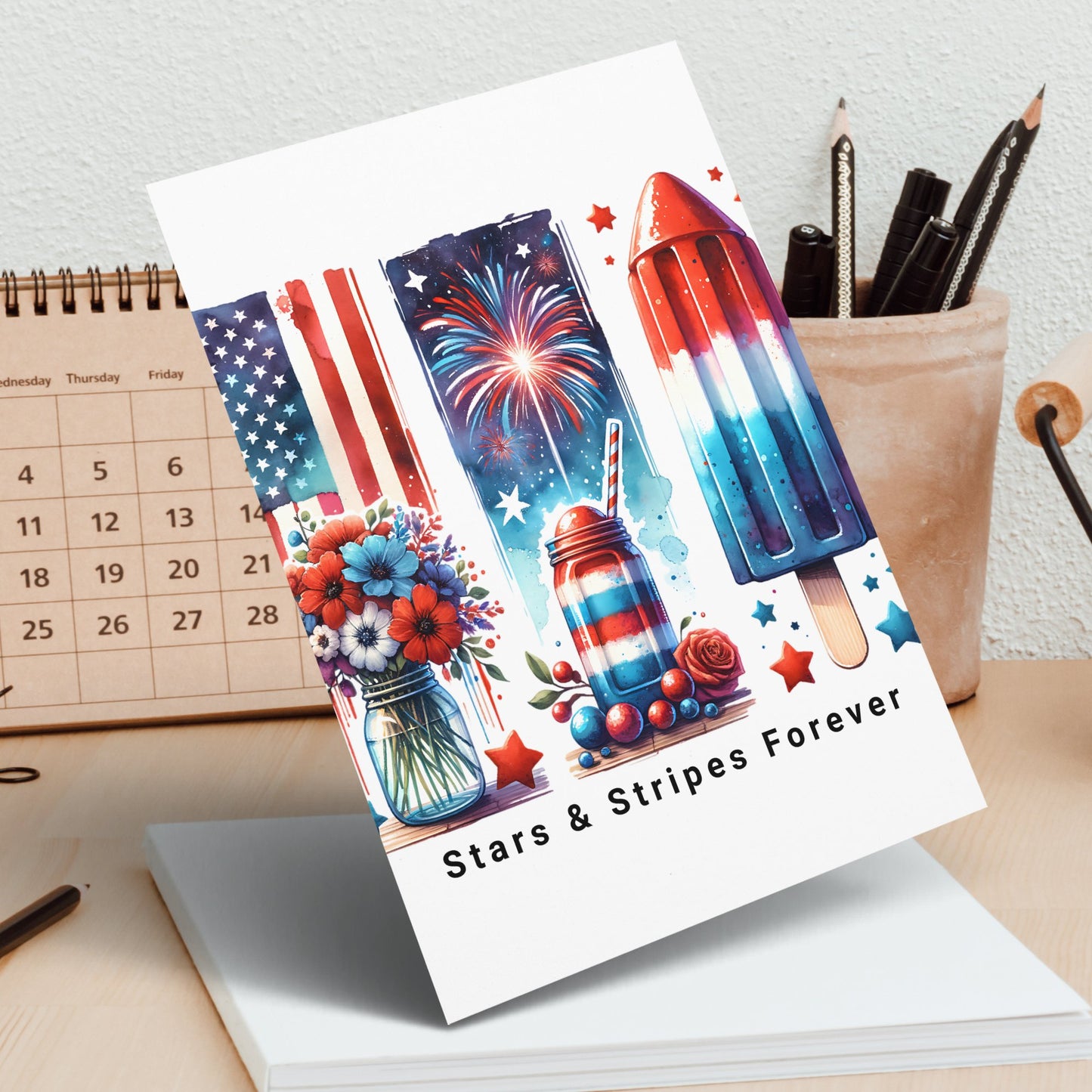 Patriotic Greeting Card, 4th of July Fireworks, Rocket, American Flag Design, Independence Day Card, Handmade Stationery, Unique Festive