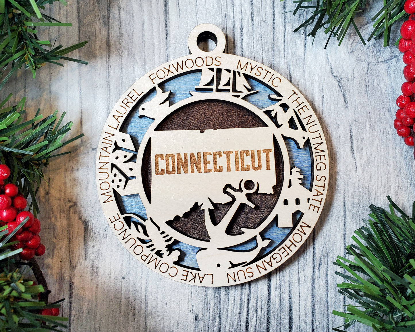 Connecticut State Ornament – 3.25” Round Laser Cut Christmas Decoration | Nutmeg State Gift for Travelers, Locals, & New England Lovers