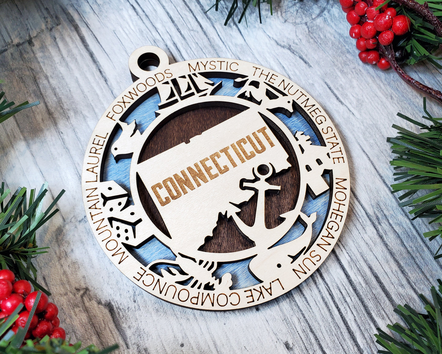 Connecticut State Ornament – 3.25” Round Laser Cut Christmas Decoration | Nutmeg State Gift for Travelers, Locals, & New England Lovers