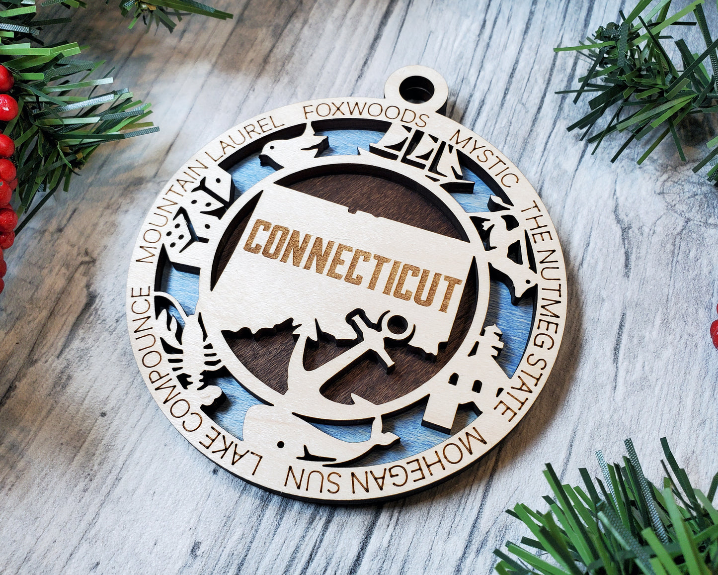 Connecticut State Ornament – 3.25” Round Laser Cut Christmas Decoration | Nutmeg State Gift for Travelers, Locals, & New England Lovers