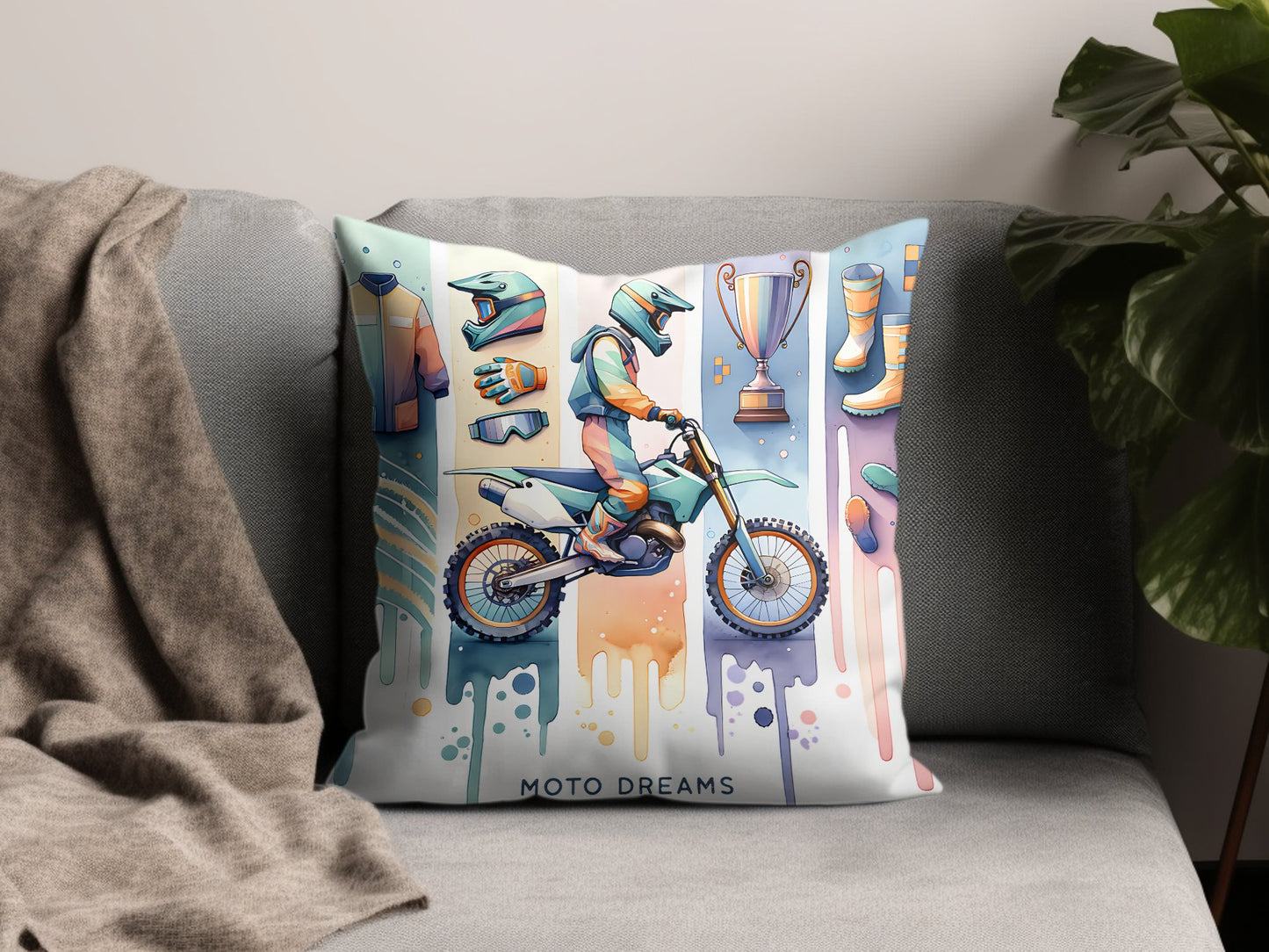 Colorful Moto Dreams Throw Pillow, Motorcycle Racing Art, Decorative Couch Cushion, Gift for Bikers