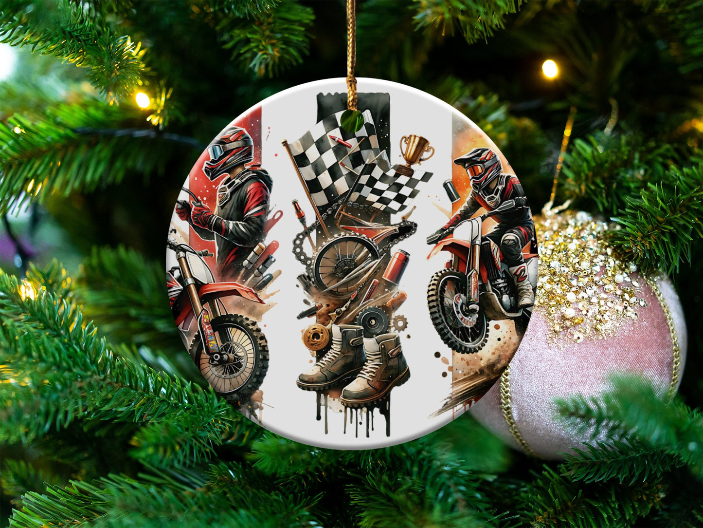 Motorcycle Racing Christmas Ornament, Unique Biker Themed Tree Decoration, Festive Holiday Decor, Gift for Motorcycle Enthusiast