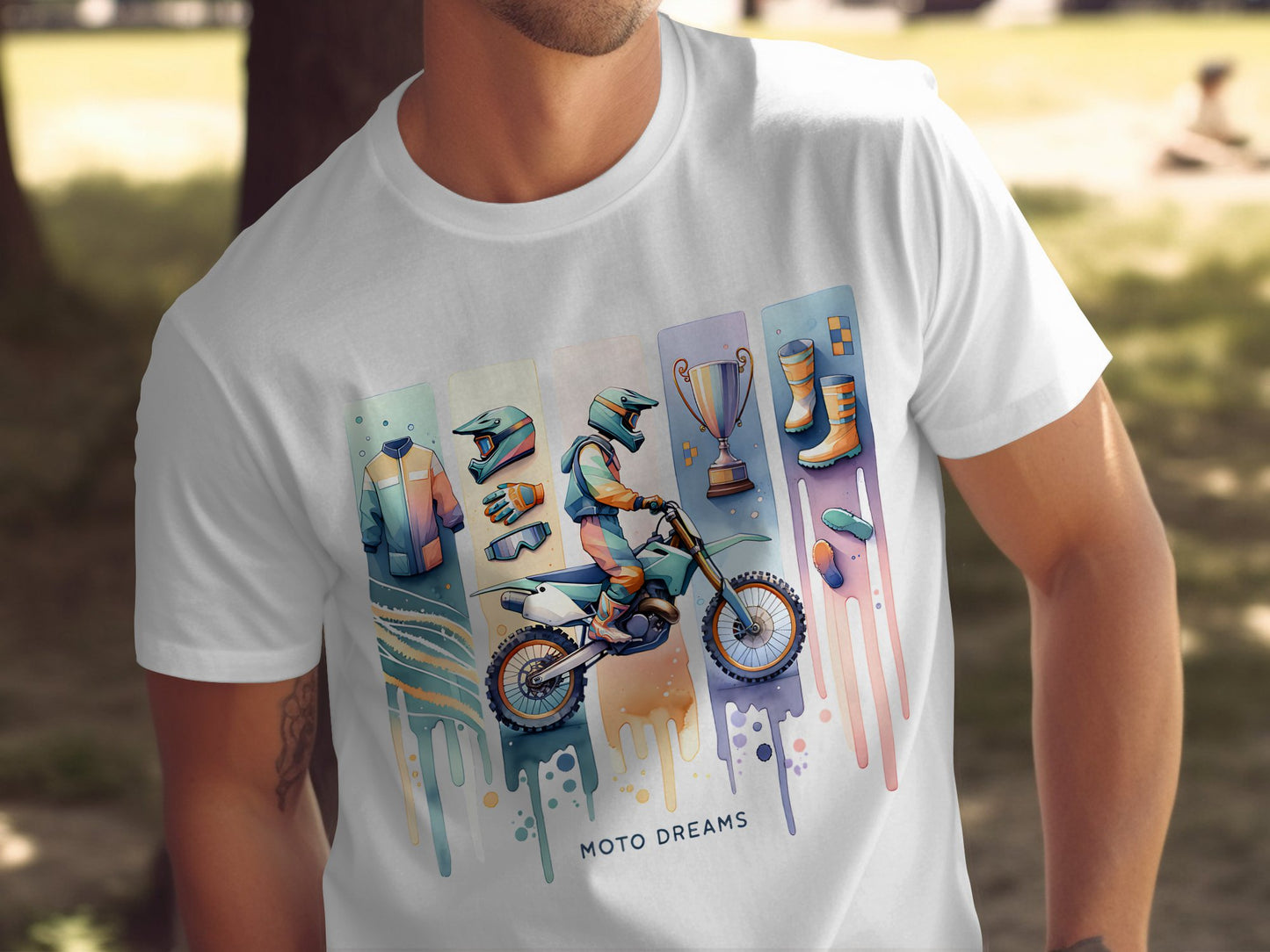 Colorful Moto Dreams Graphic T-Shirt, Men's Motorcycle Themed Tee, Casual Summer Shirt, Trendy Motocross Apparel