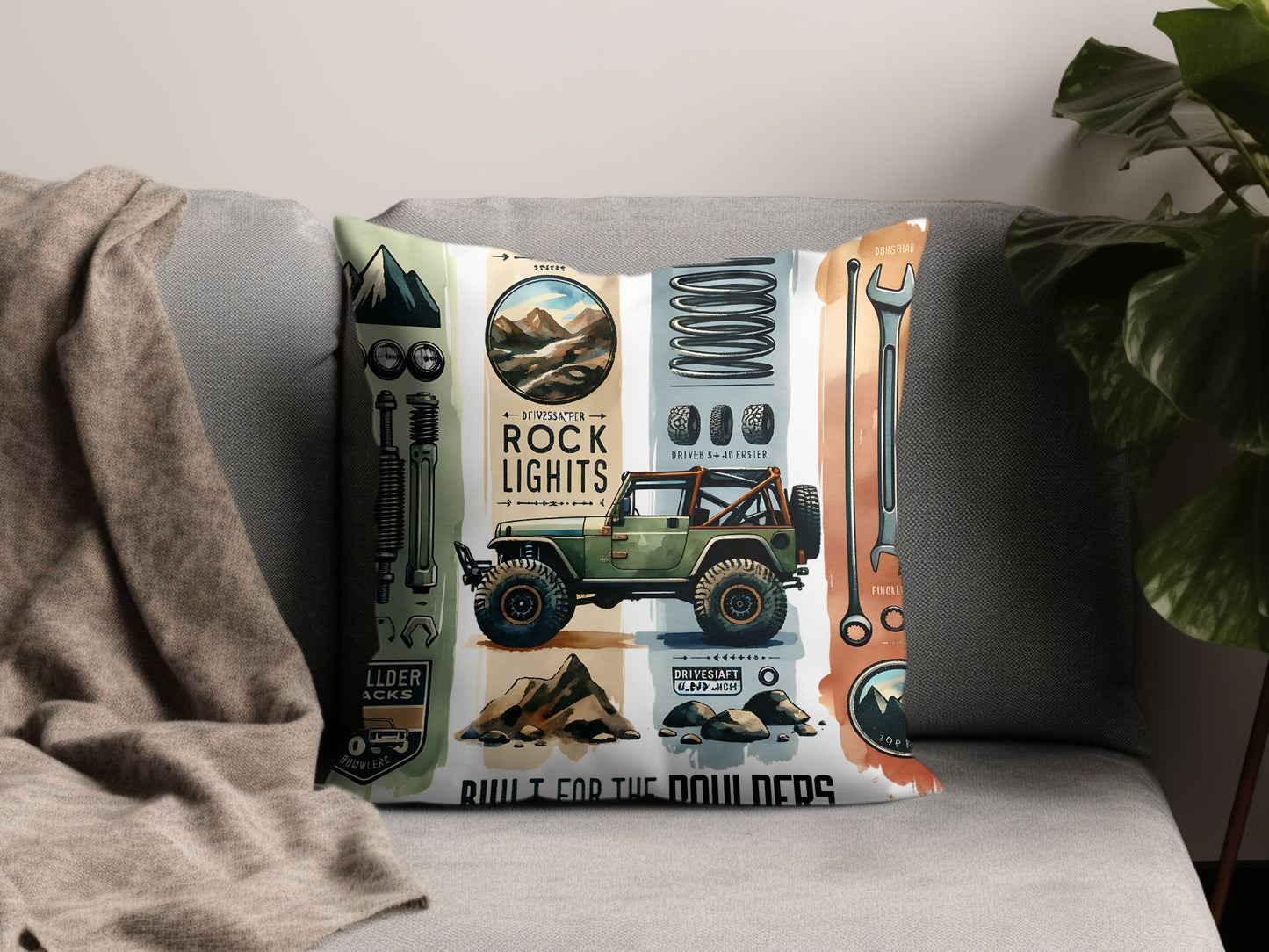 Off-Road Adventure Throw Pillow Cover, Jeep and Camping Gear Design, Decorative Cushion for Sofa, Unique Gift for Jeep Lovers