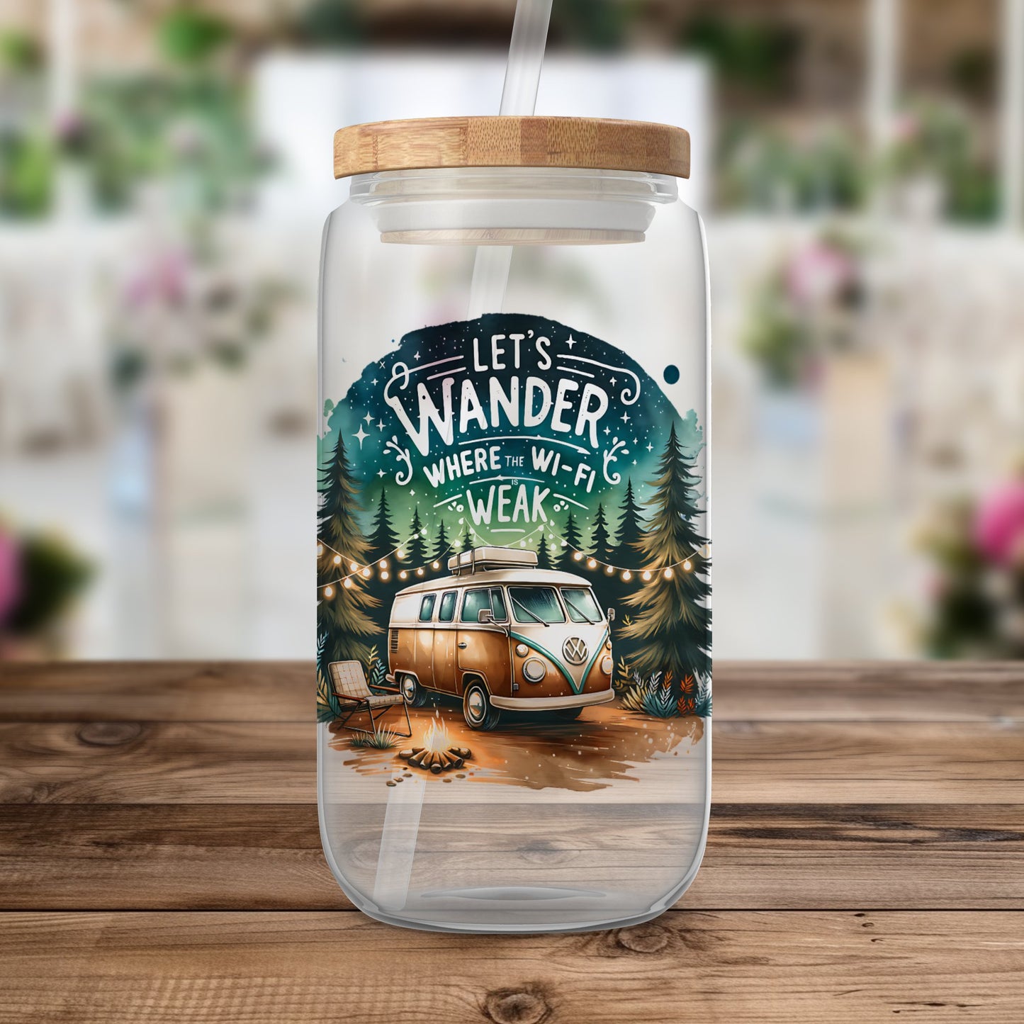 Adventure Clear Water Bottle, Travel Camper Van Design, Forest Background, Eco-Friendly Glass, Lid with Wood Finish
