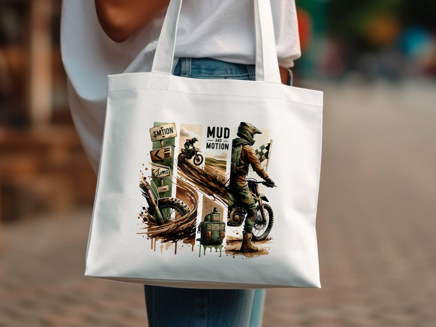 Dirt Bike Canvas Tote Bag, Off-Road Motorcycle Print, Mud Motion Eco-Friendly Shopping Bag, Unique Gift for Motocross Fans
