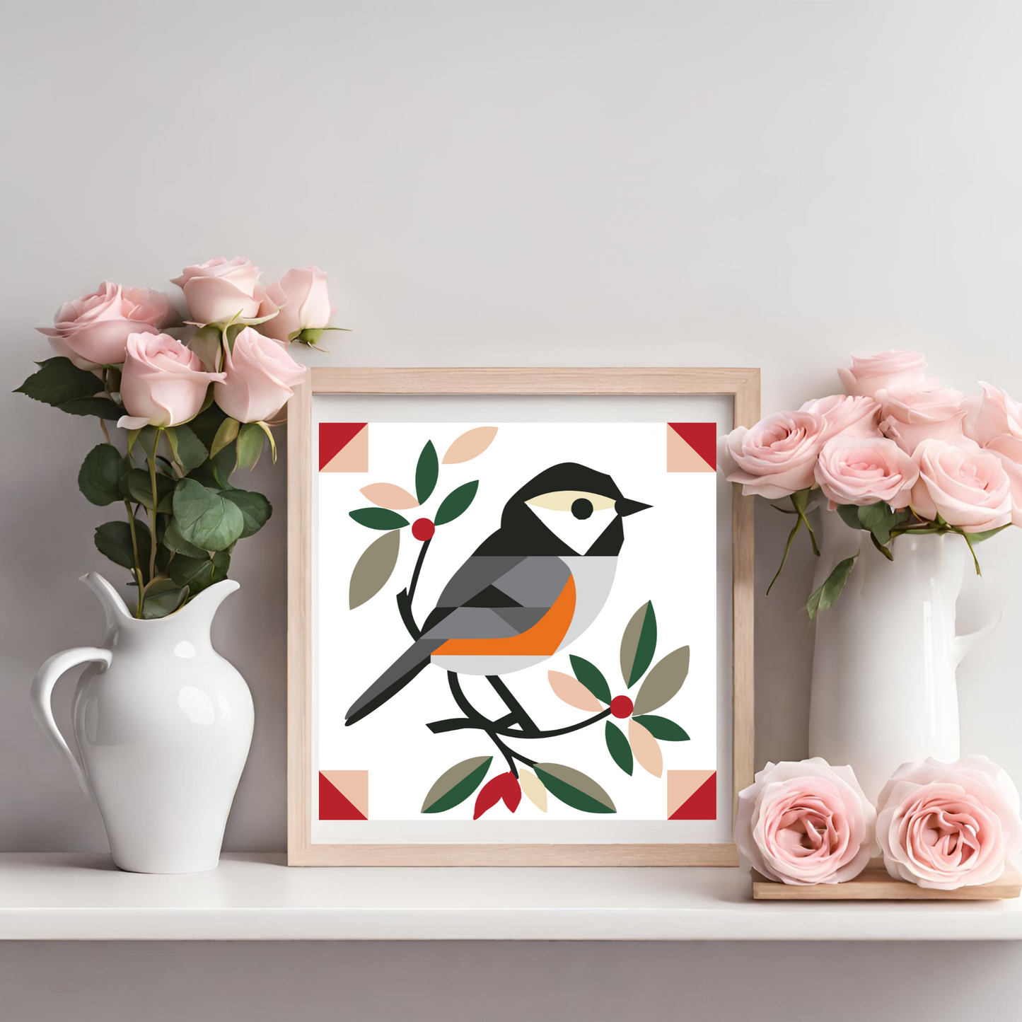 Modern Chickadee Quilt Block Pattern - Digital Download PDF in 12x12, 24x24, and 48x48 Sizes for DIY Barn Quilt Decor
