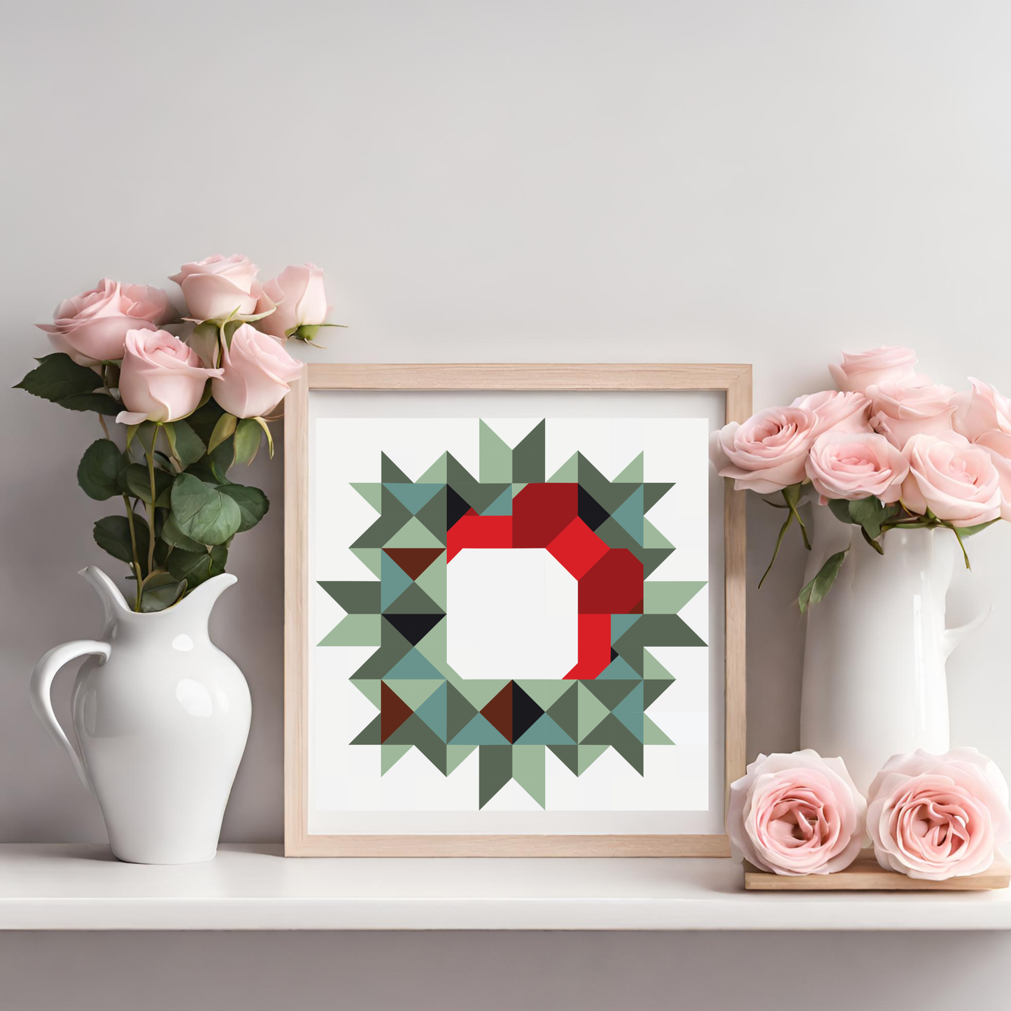 Wreath with Bow Barn Quilt Pattern – Digital Holiday Quilt Block | 12", 24", 48" Sizes + Instructions, Grid PNG & Color Chart