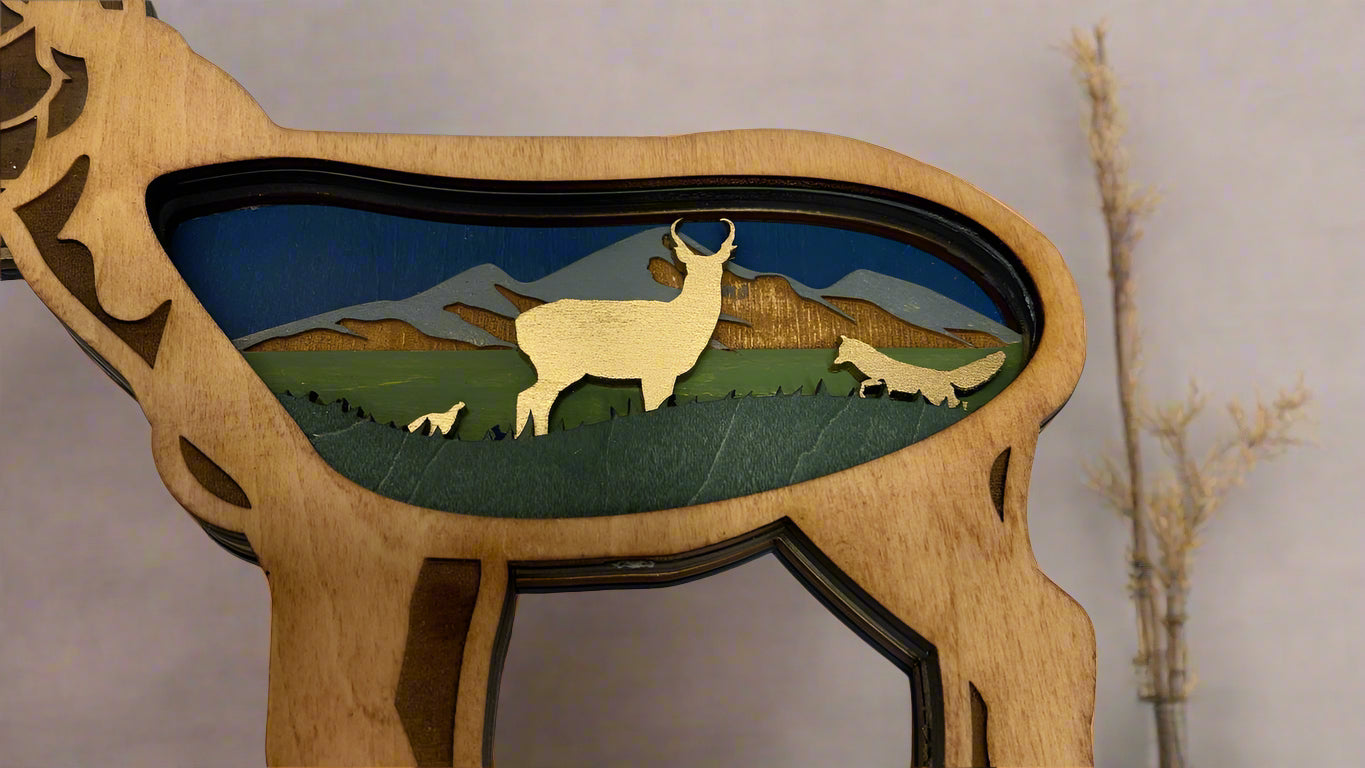 Hand-Painted 5-Layer Antelope/ Pronghorn Wood Décor - Shelf or Wall Display